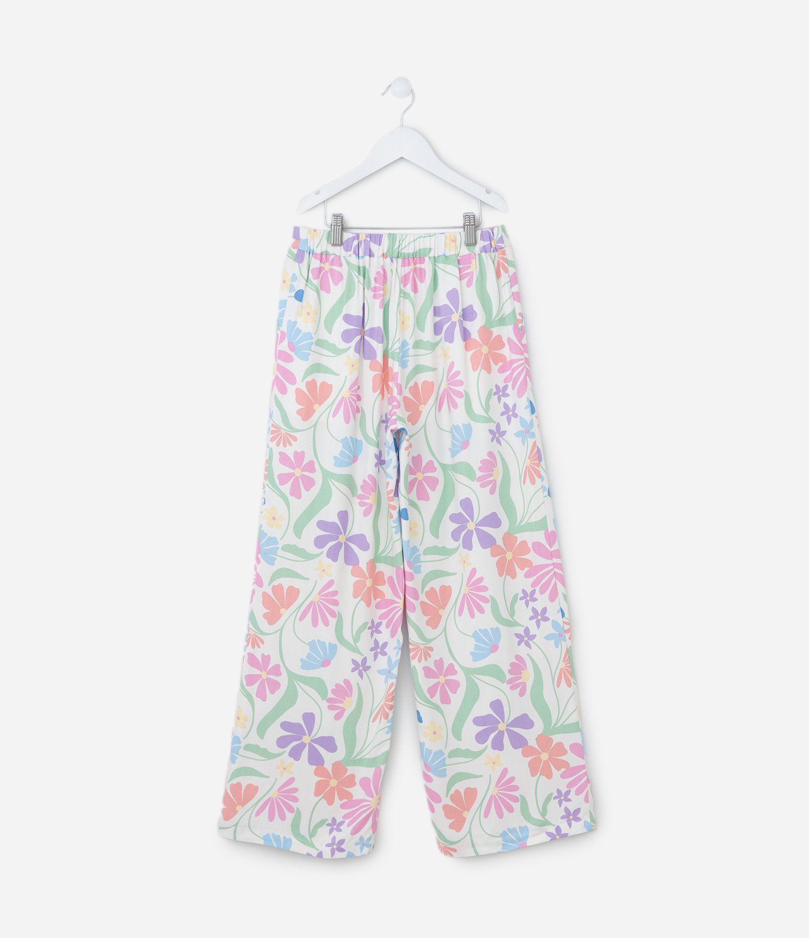 Calça Wide Leg Infantil em Chalis com Estampa Floral - Tam 5 A 14 Anos Branco 3
