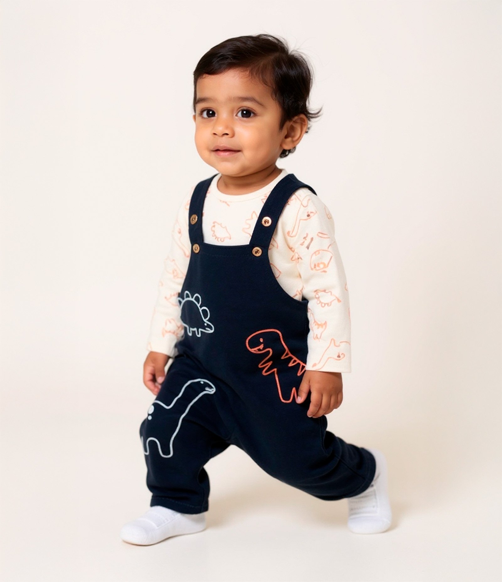 Conjunto Infantil com Estampa Dinossauros - Tam 0 a 18 meses Bege/Azul 1