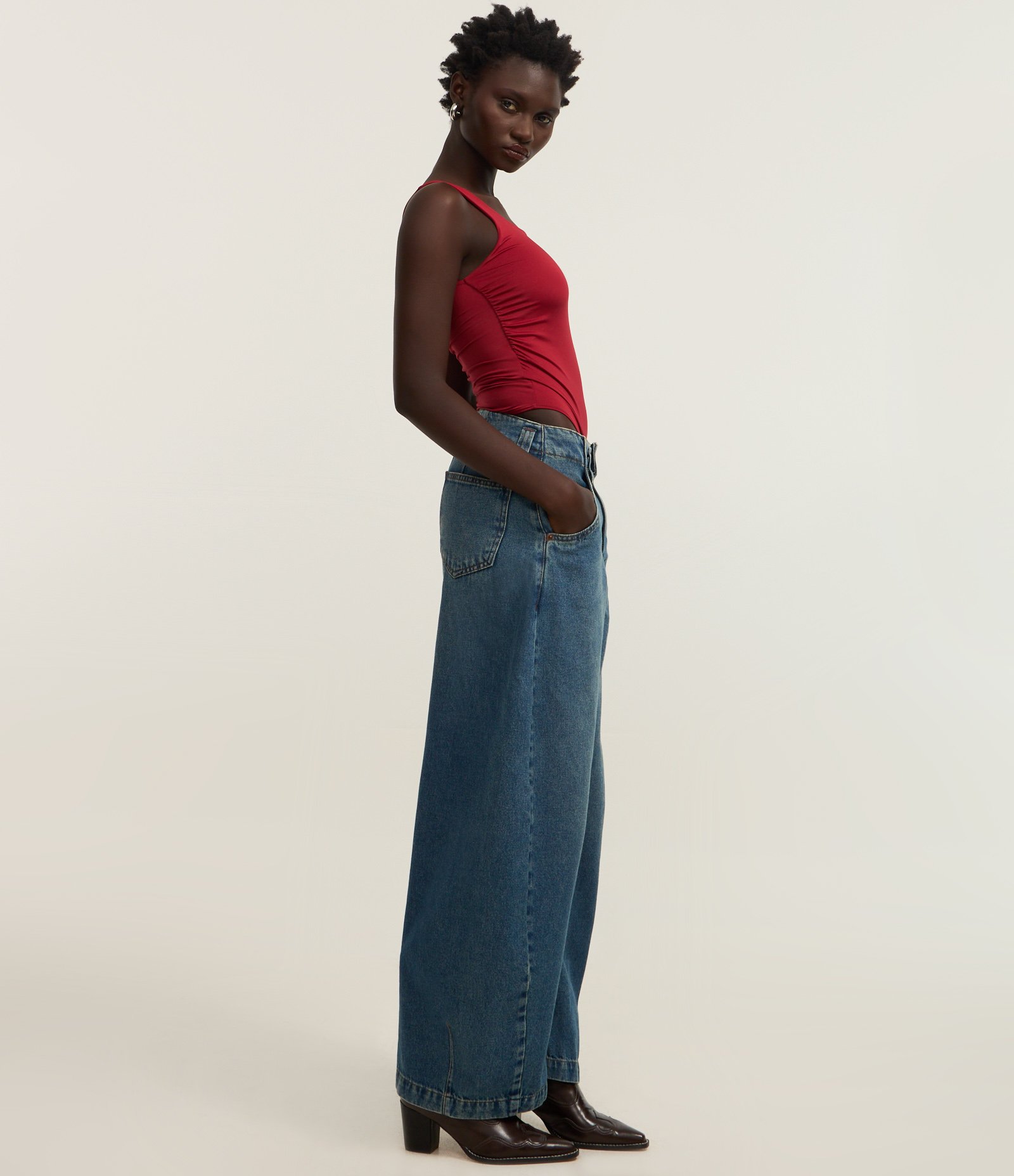 Body em Ribana com Decote Quadrado e Franzidos Vermelho 2