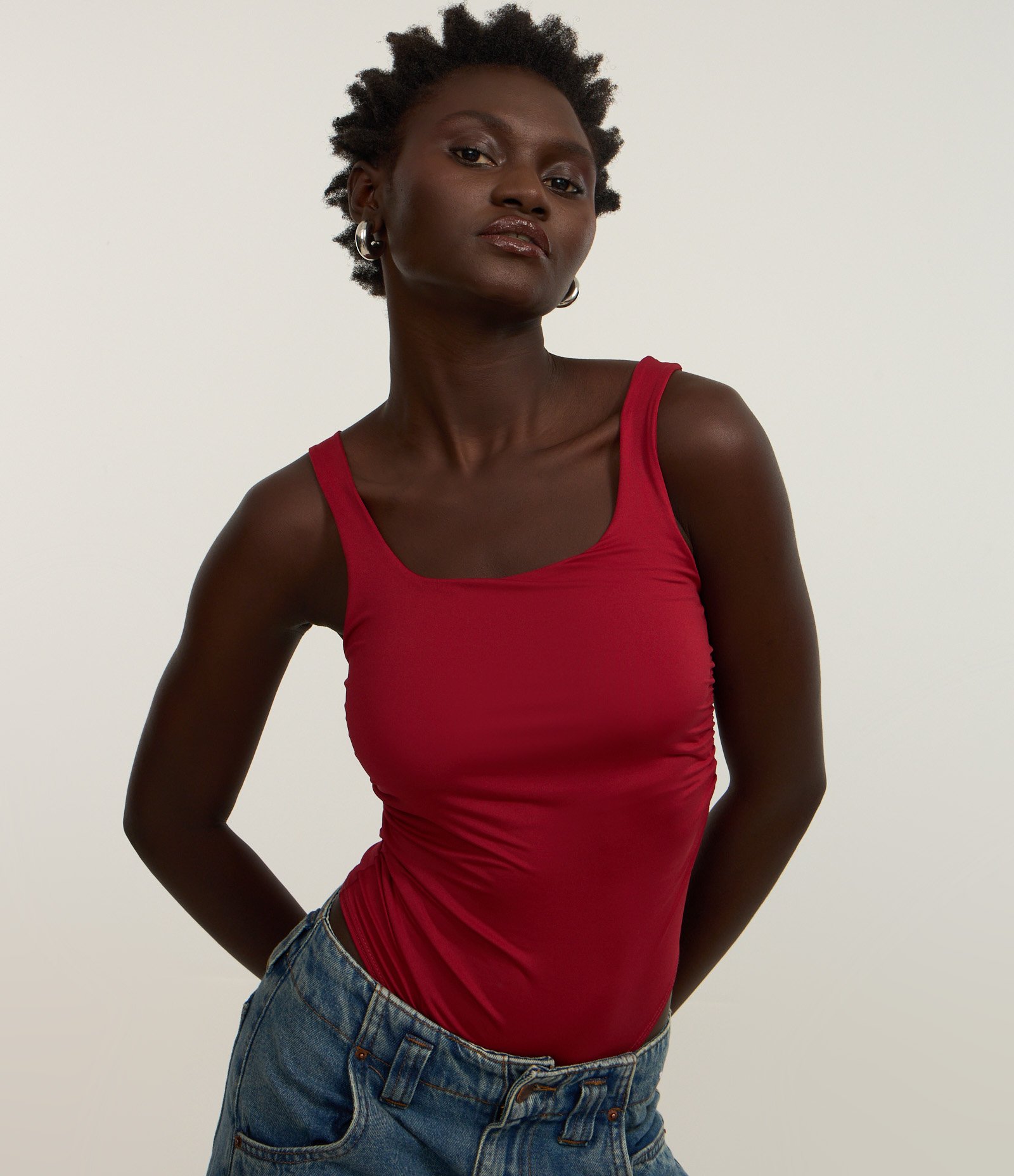 Body em Ribana com Decote Quadrado e Franzidos Vermelho 3