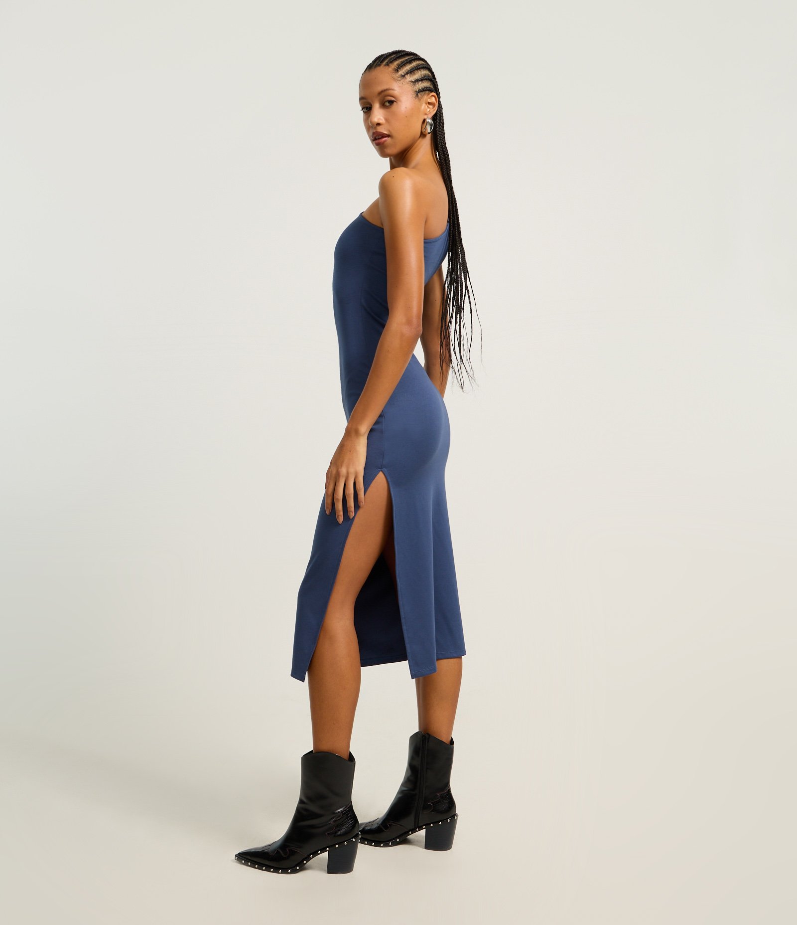Vestido New Midi Ajustado com Ombro Só e Drapeado Lateral Azul 1
