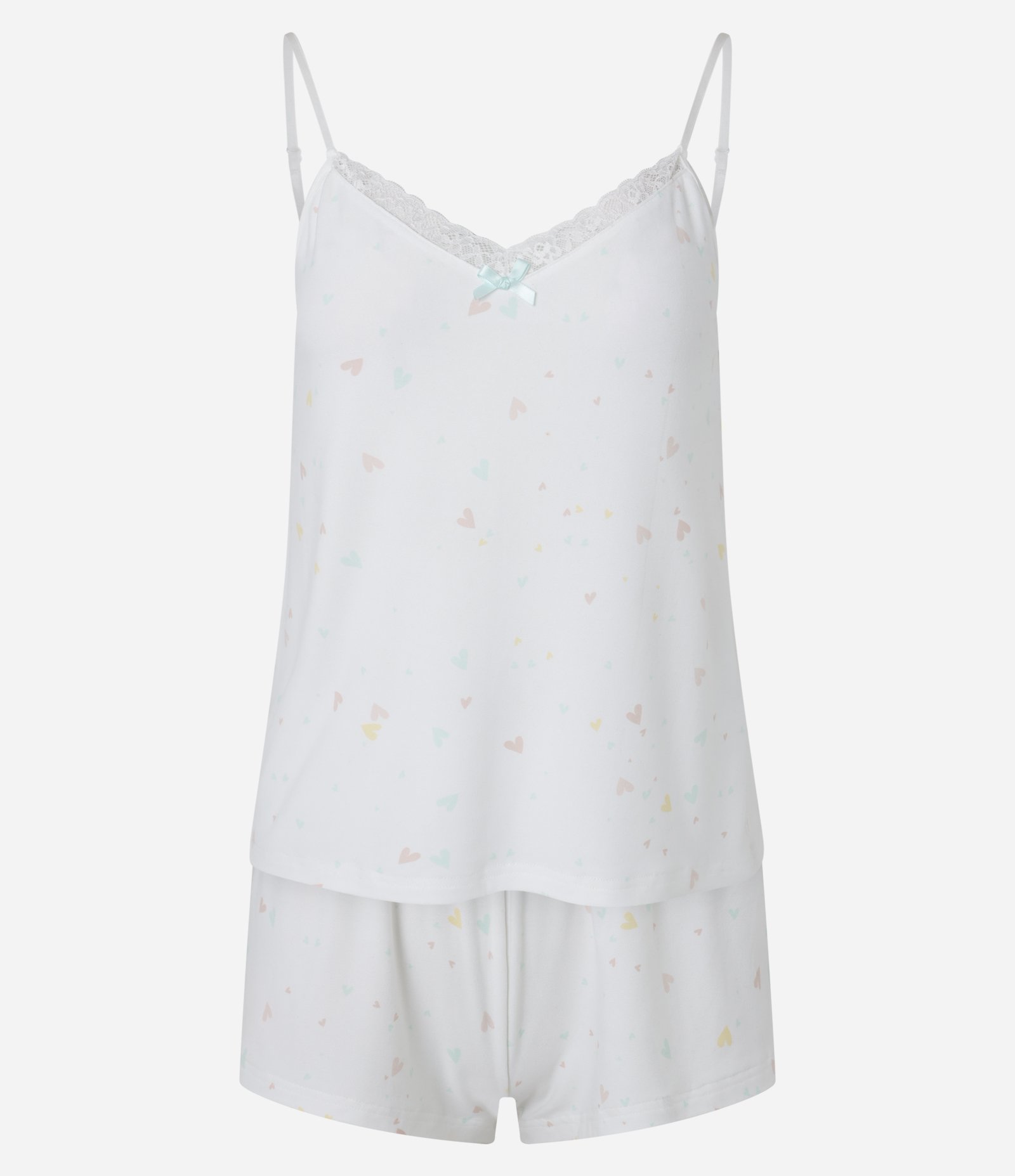 Pijama Short Doll em Peach Touch com Alcinha e Estampa de Mini Coração Branco 4