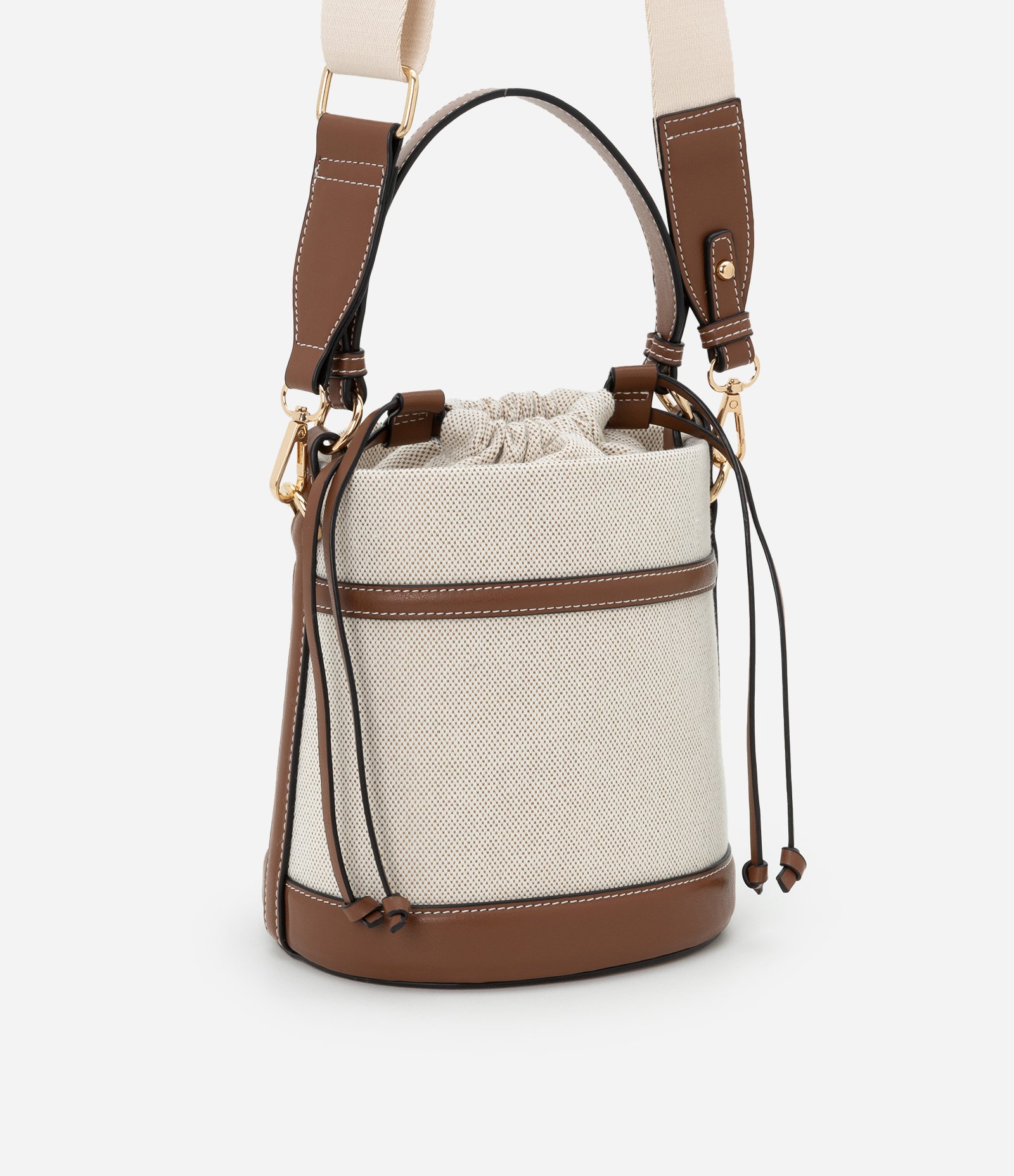 Bolsa Bucket Pequena com Fechamento de Saco Boho Romântico Bege/Marrom 2