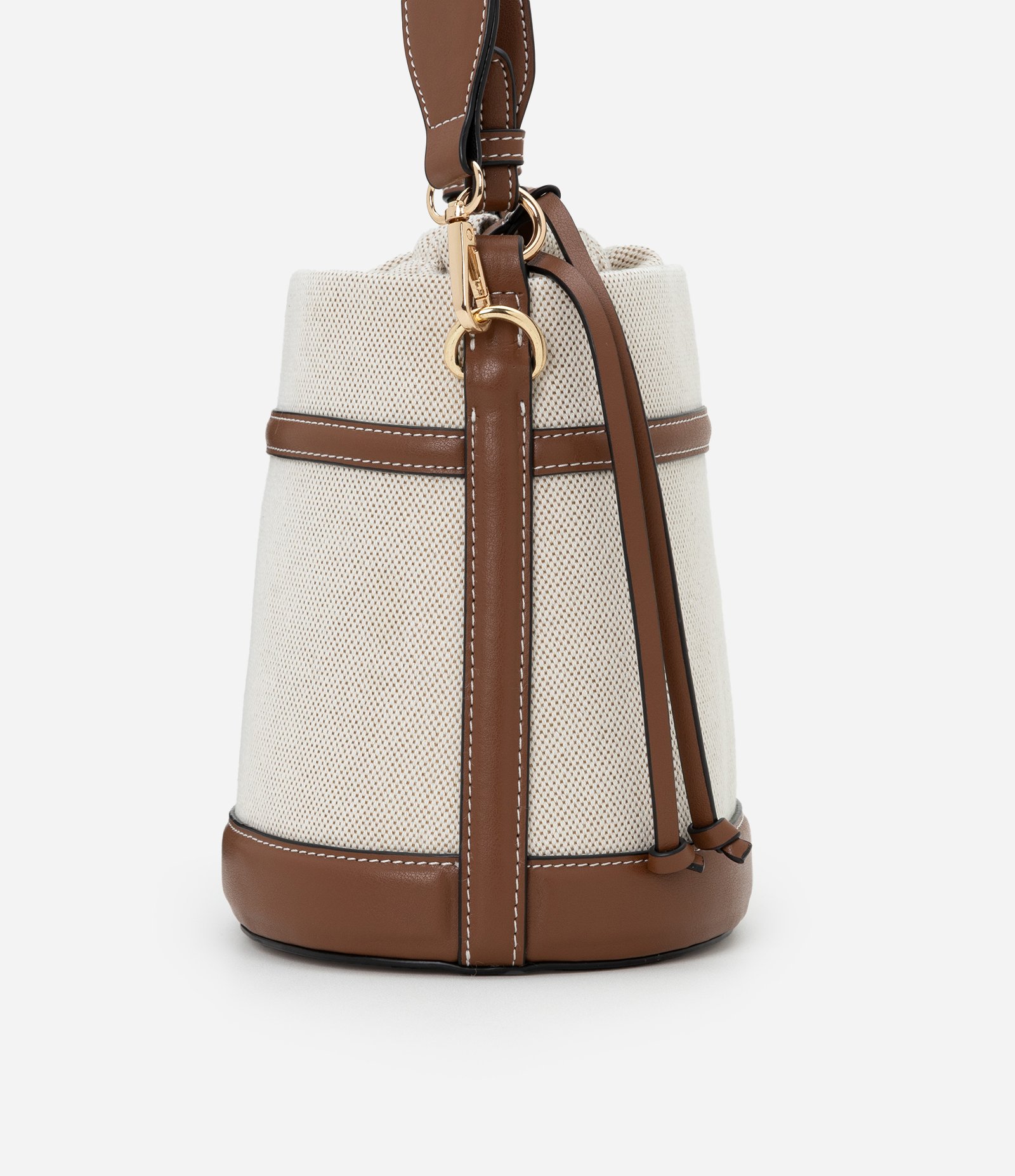 Bolsa Bucket Pequena com Fechamento de Saco Boho Romântico Bege/Marrom 3