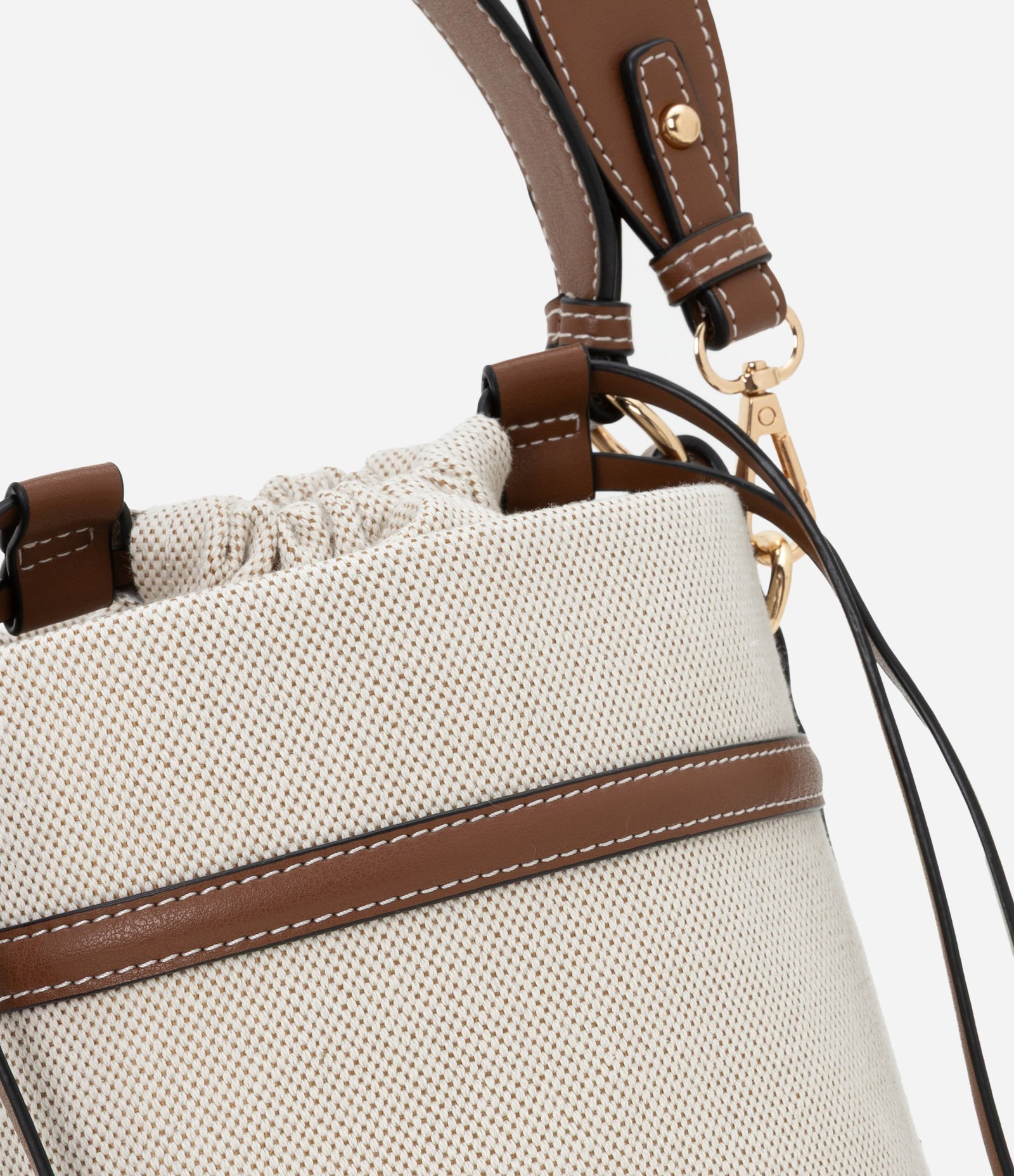 Bolsa Bucket Pequena com Fechamento de Saco Boho Romântico Bege/Marrom 5