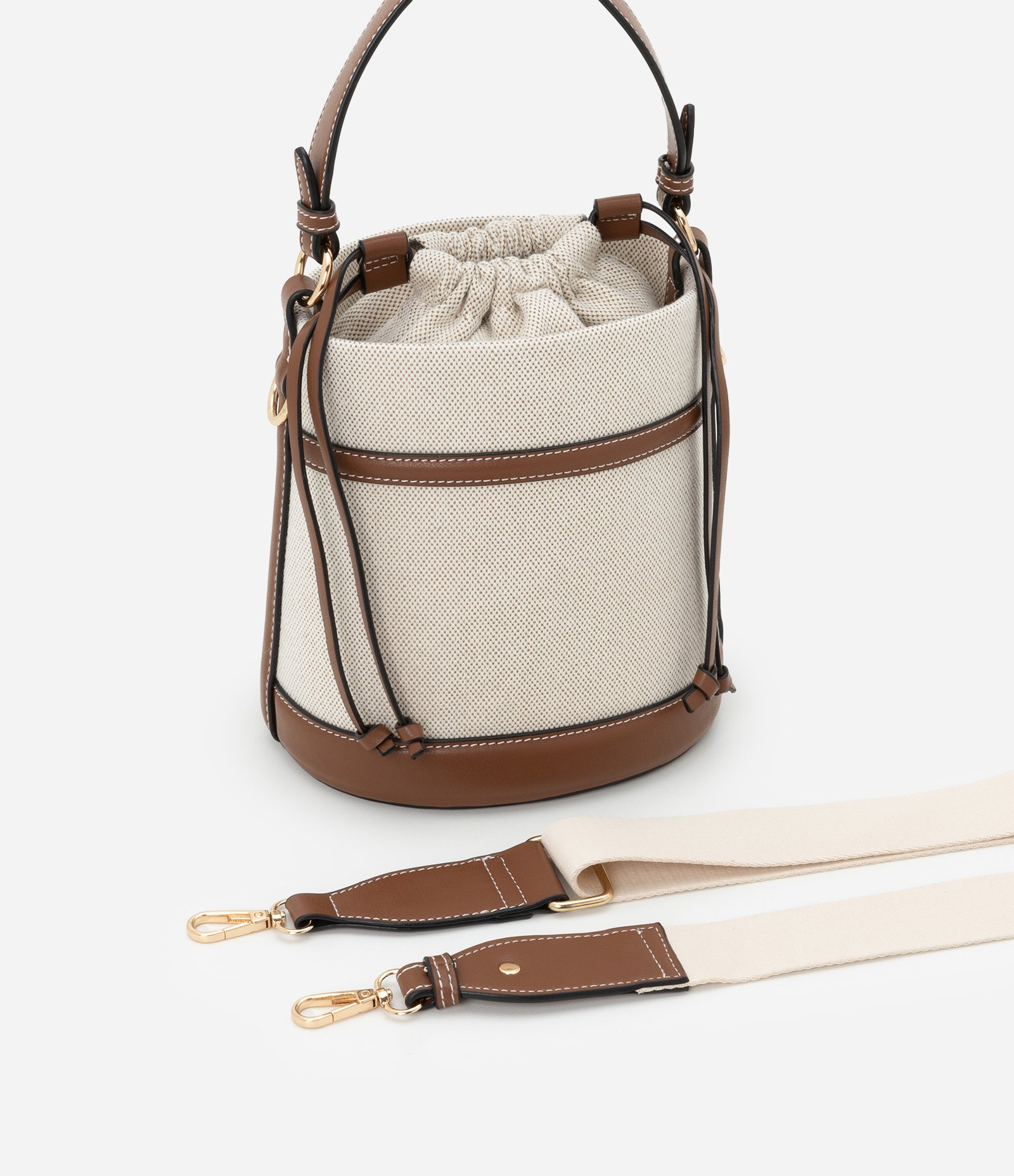 Bolsa Bucket Pequena com Fechamento de Saco Boho Romântico Bege/Marrom 7