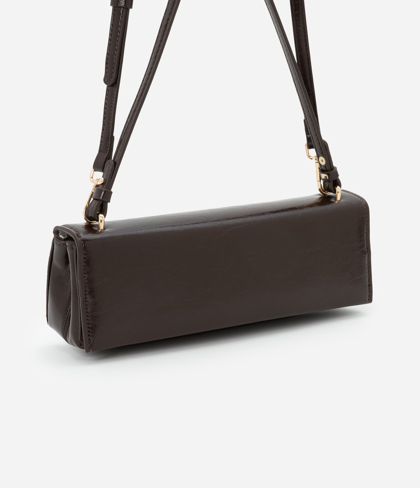 Bolsa Baguete Fina Pequena com Tampa e Alça Longa Marrom 2