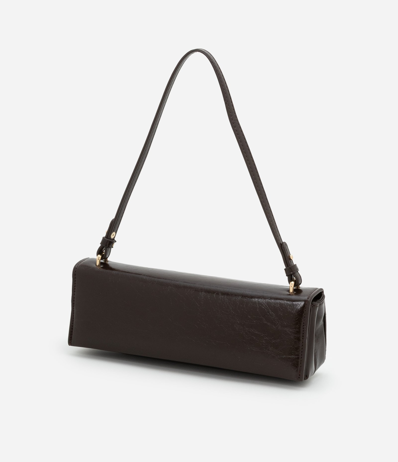 Bolsa Baguete Fina Pequena com Tampa e Alça Longa Marrom 4