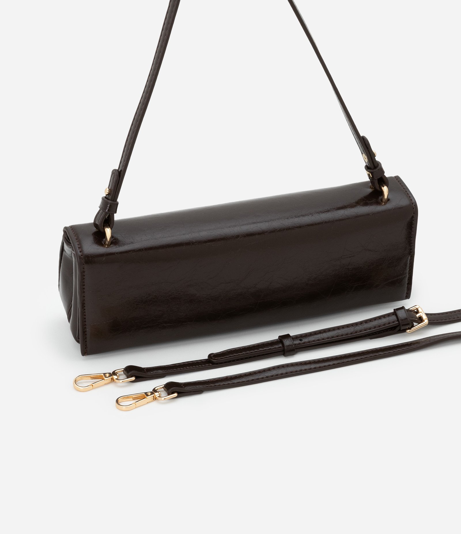 Bolsa Baguete Fina Pequena com Tampa e Alça Longa Marrom 8