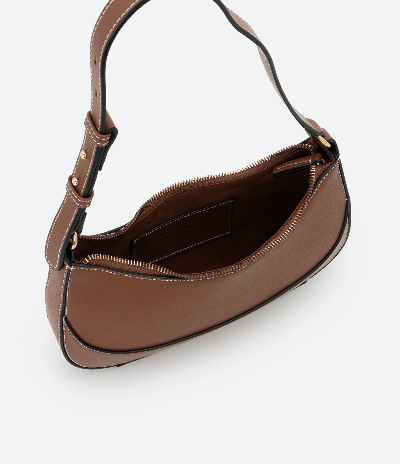 Bolsa Baguete Pequena com Costura Contrastante Boho Romântico Marrom 5