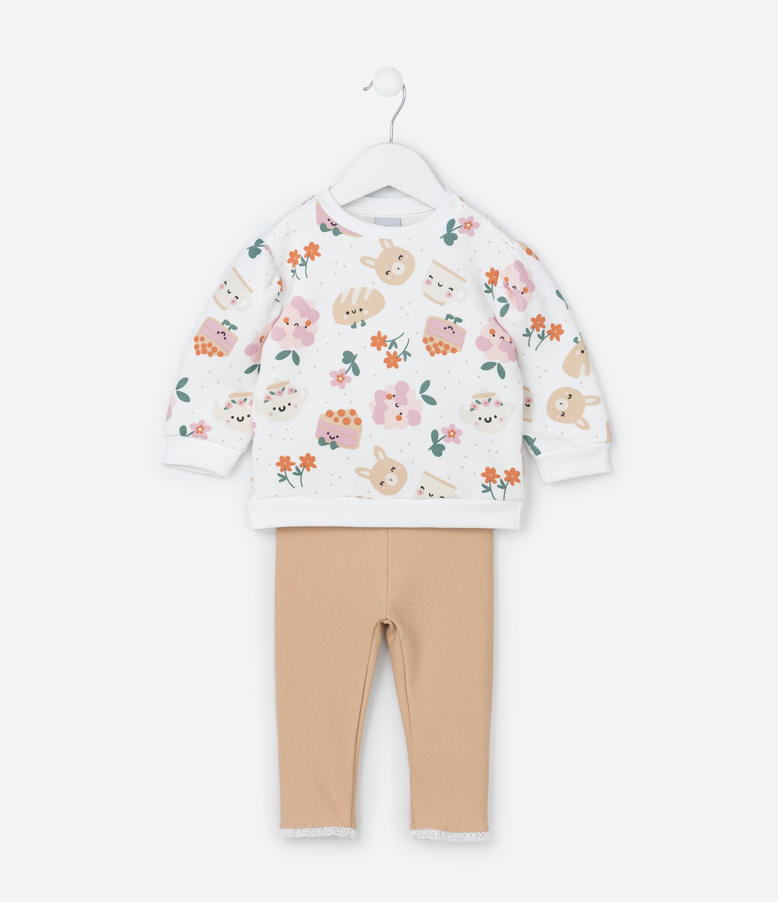 Conjunto Infantil com Estampa Comidinhas e Bichinhos - Tam 0 a 18 meses Branco/Bege 1