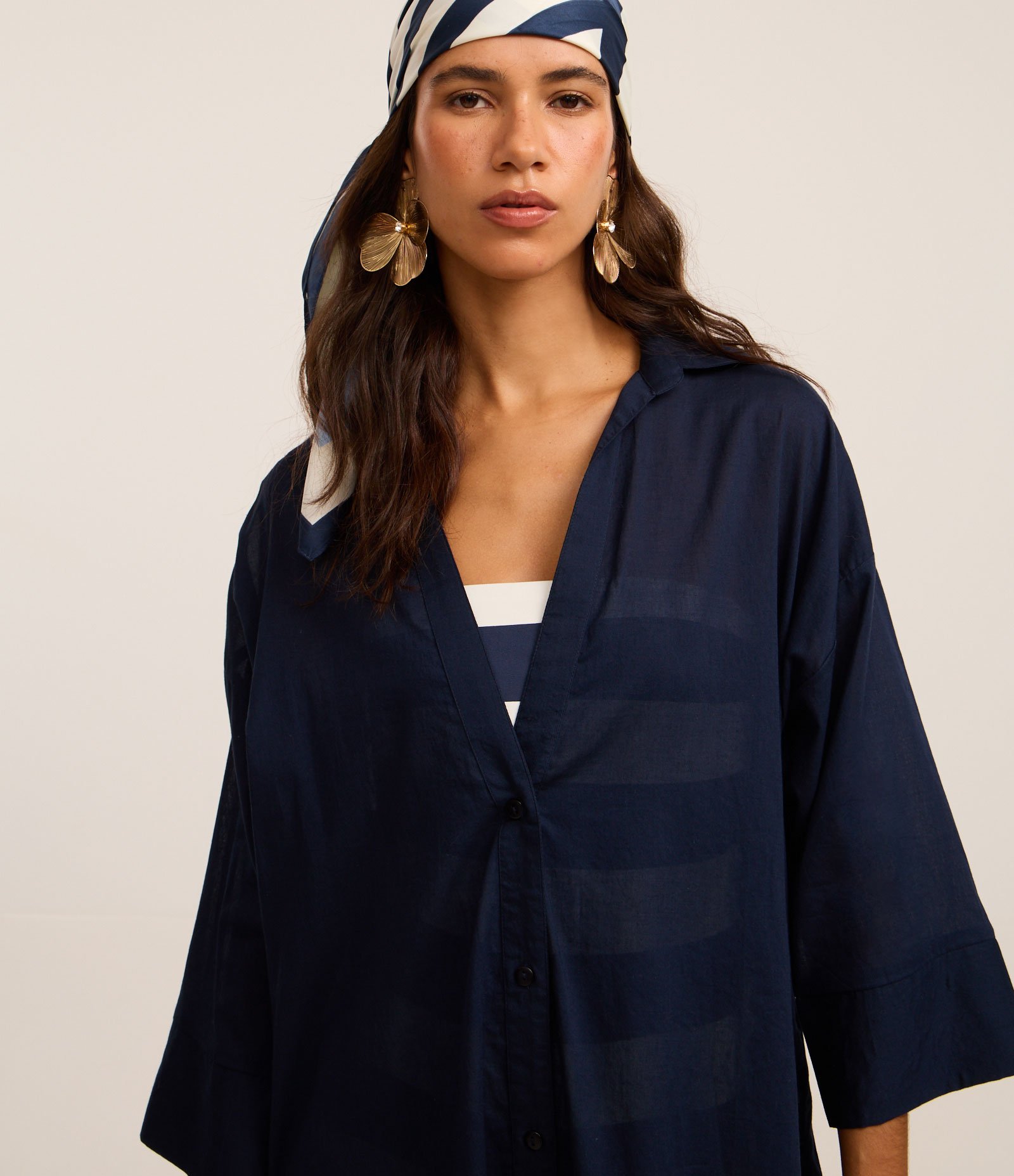 Saída de Praia Camisa em Voal com Mangas 3/4 Azul Marinho 3