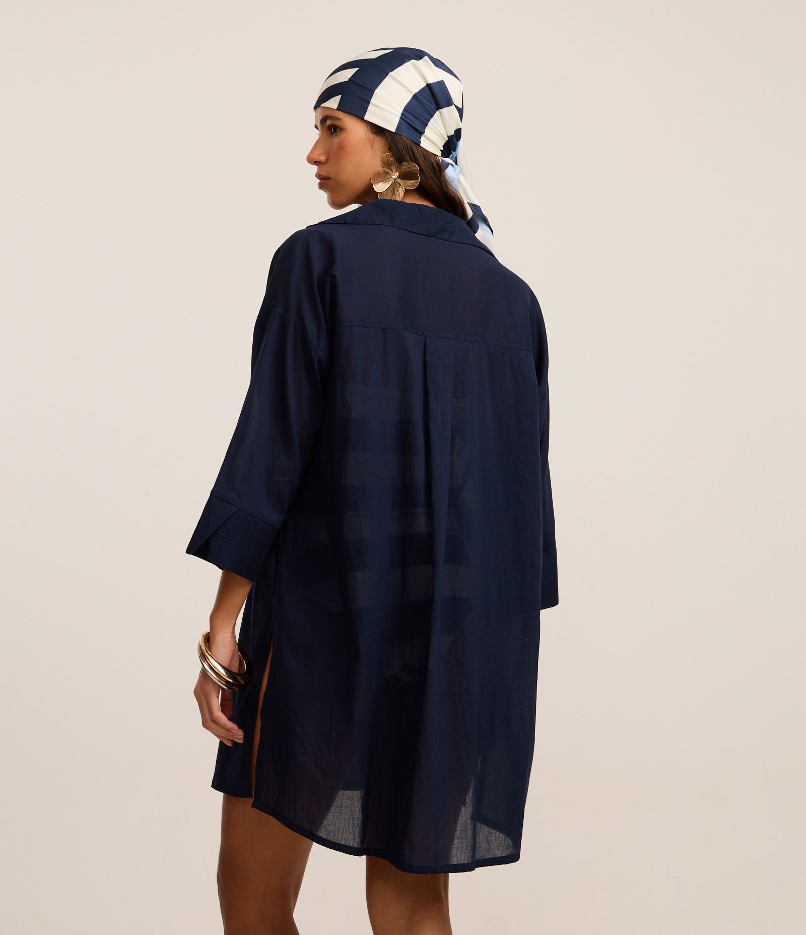 Saída de Praia Camisa em Voal com Mangas 3/4 Azul Marinho 4