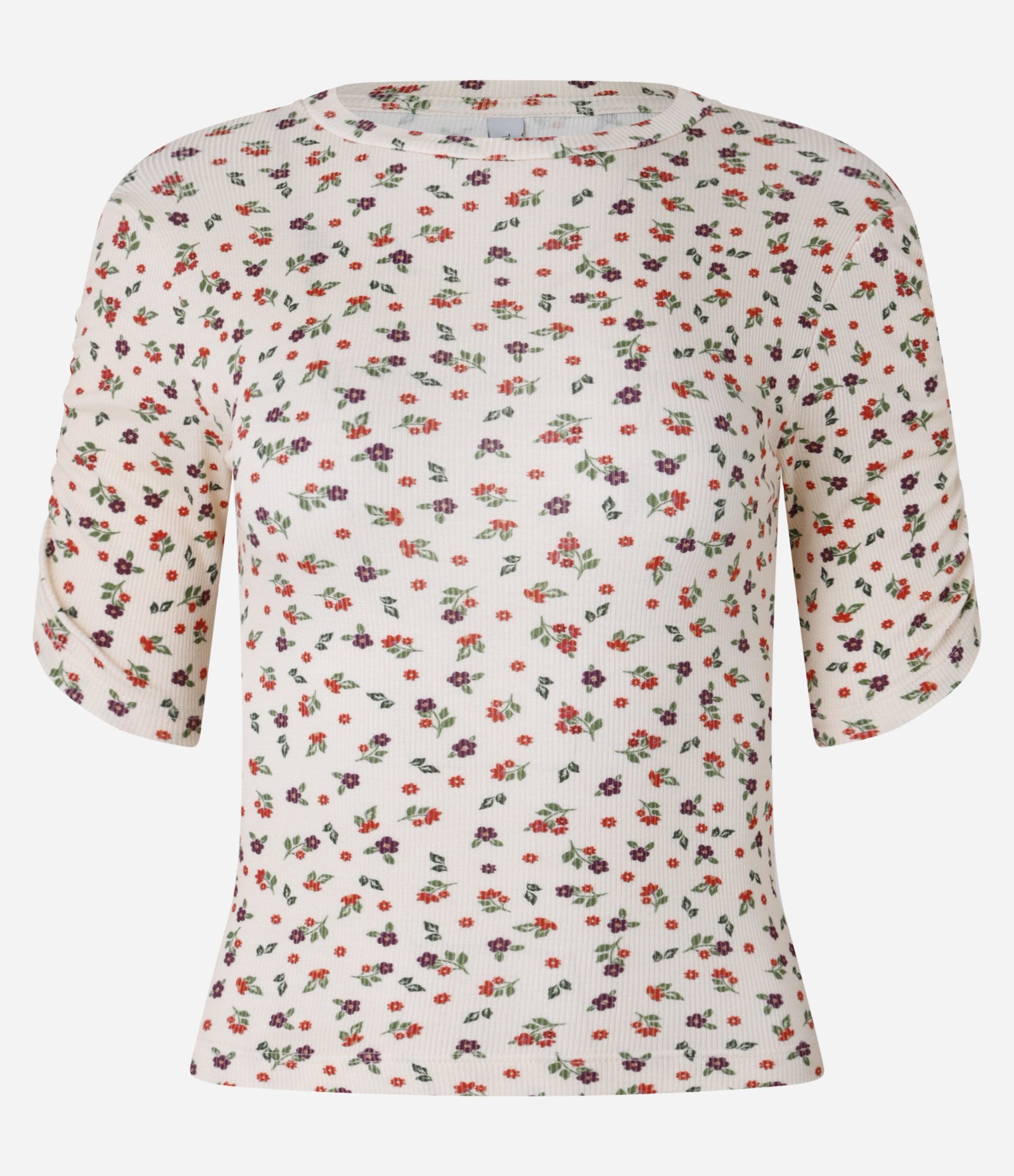 Blusa em Ribana com Manga Franzidinha e Estampa de Florzinhas Bege 4