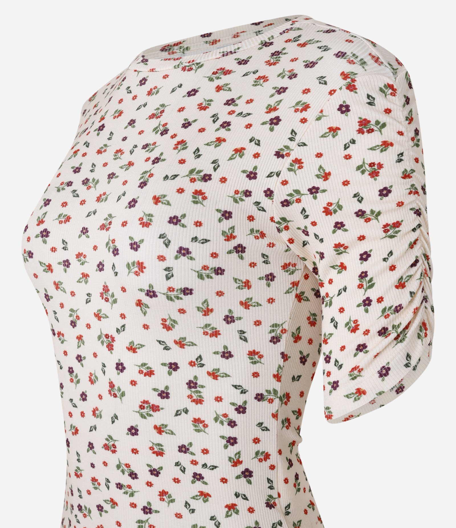 Blusa em Ribana com Manga Franzidinha e Estampa de Florzinhas Bege 5