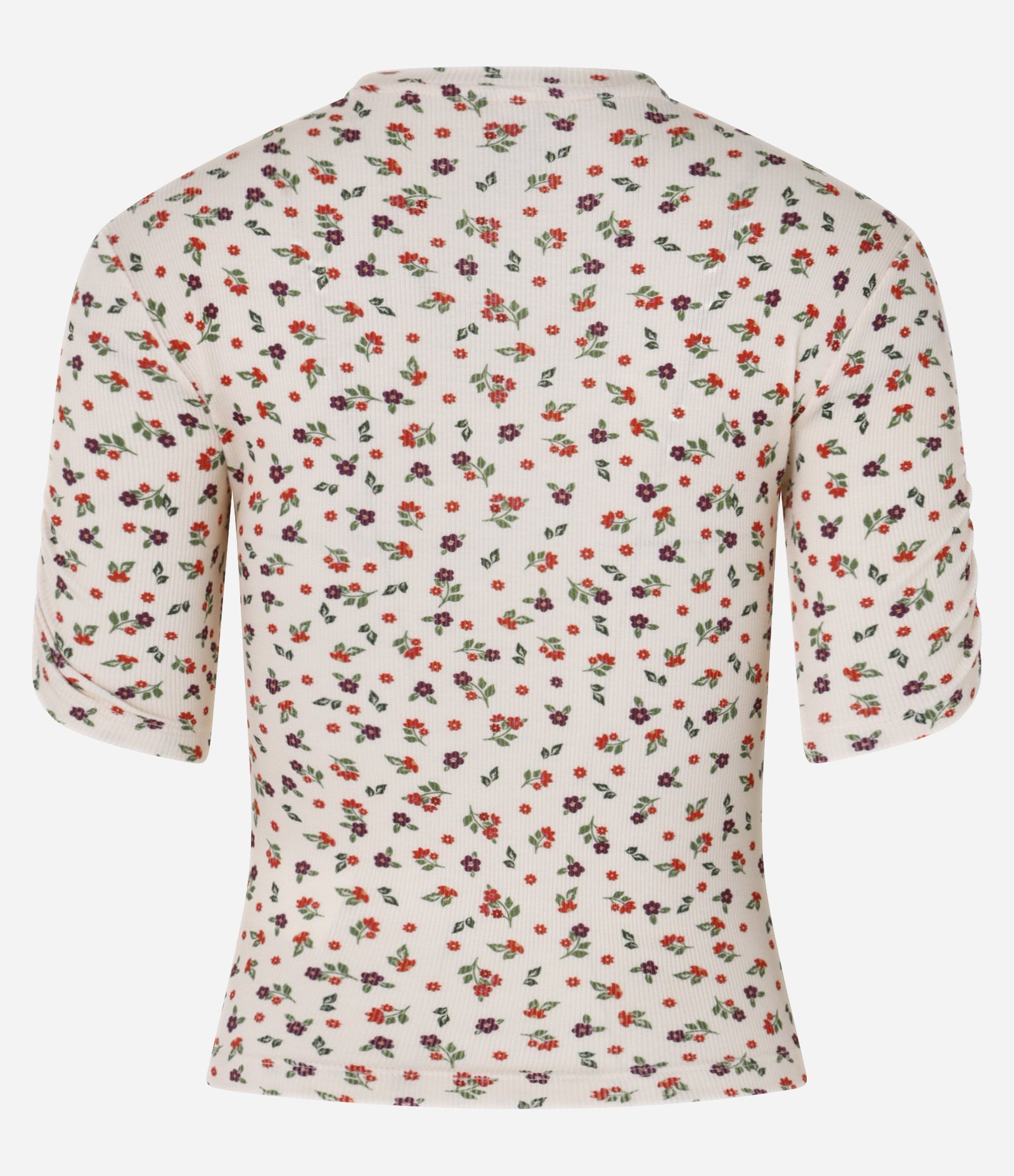 Blusa em Ribana com Manga Franzidinha e Estampa de Florzinhas Bege 6