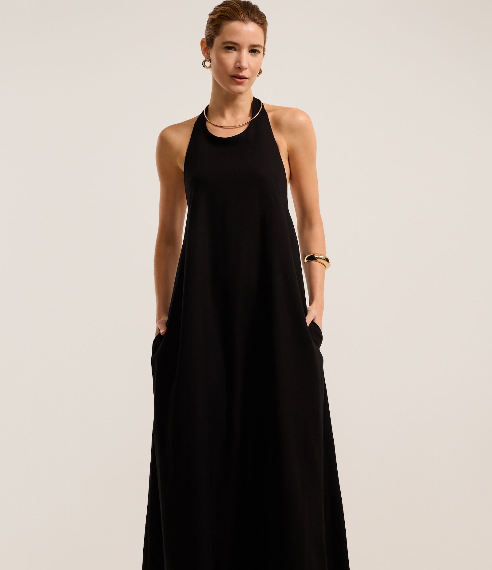 Vestido Longo com Linho e Costas Abertas Preto 2