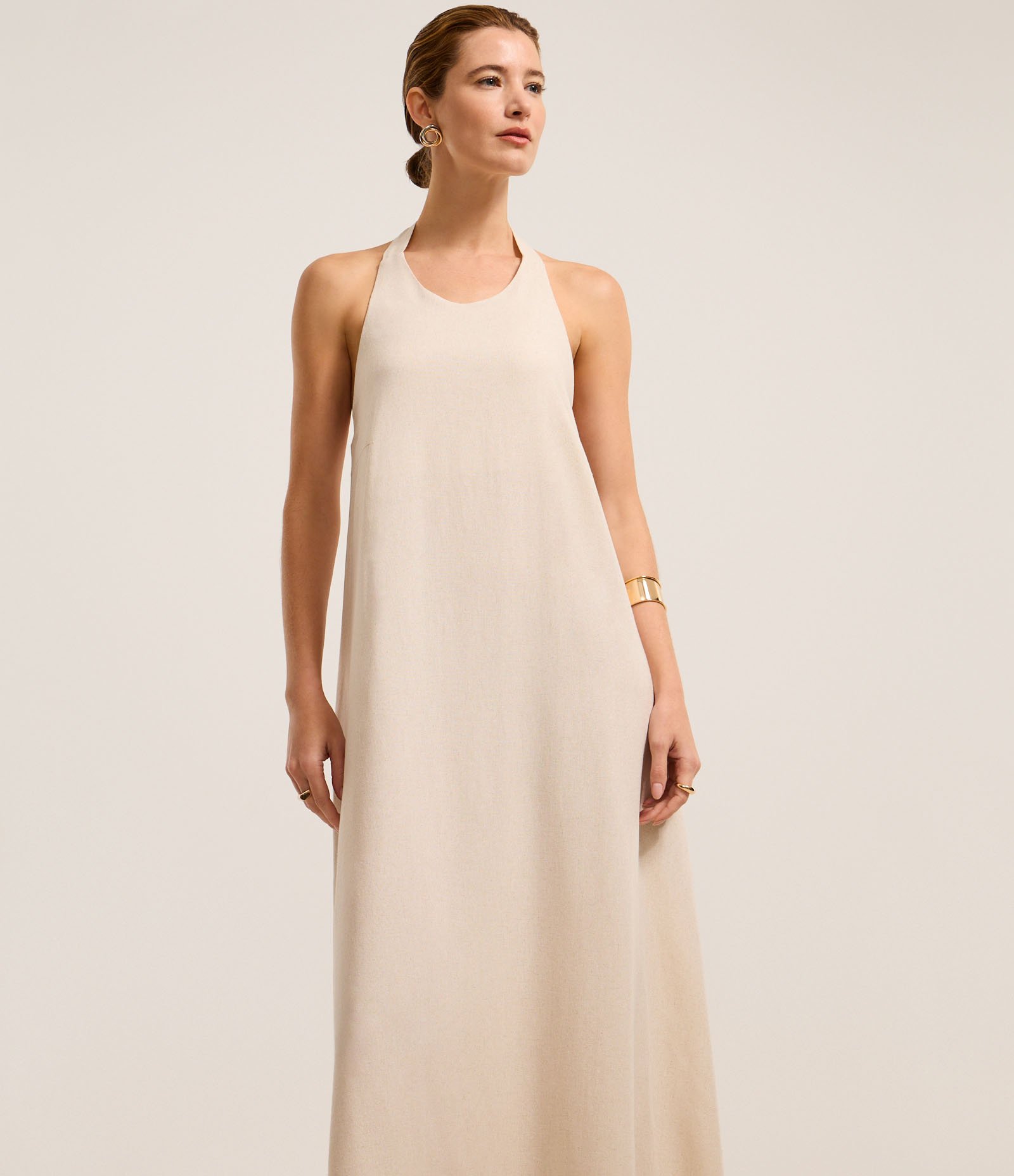 Vestido Longo Evasê em Viscolinho com Amarração no Pescoço Off White 2