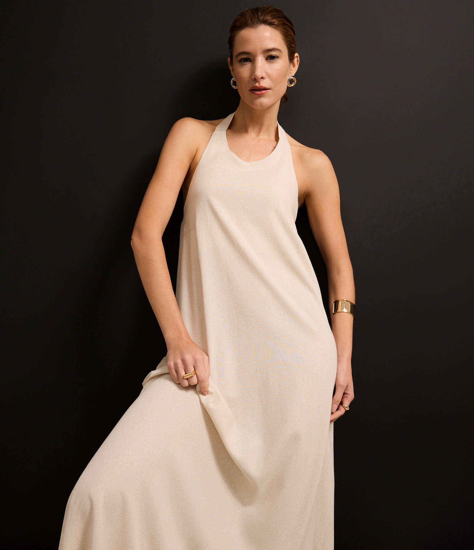 Vestido Longo Evasê em Viscolinho com Amarração no Pescoço Off White 6