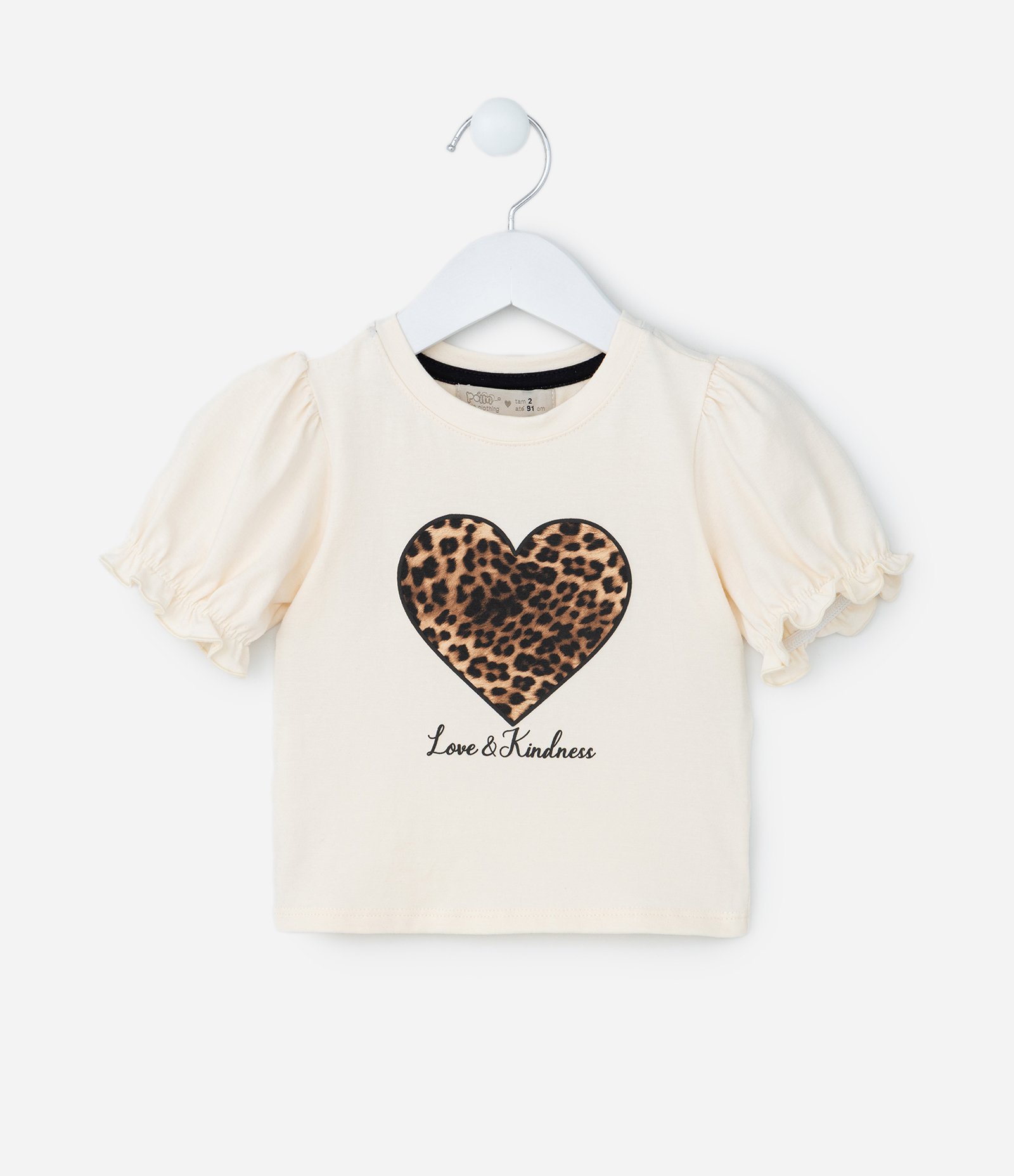 Blusa Infantil com Manga Bufante e Estampa Coração - Tam 1 a 6 Anos Bege 1