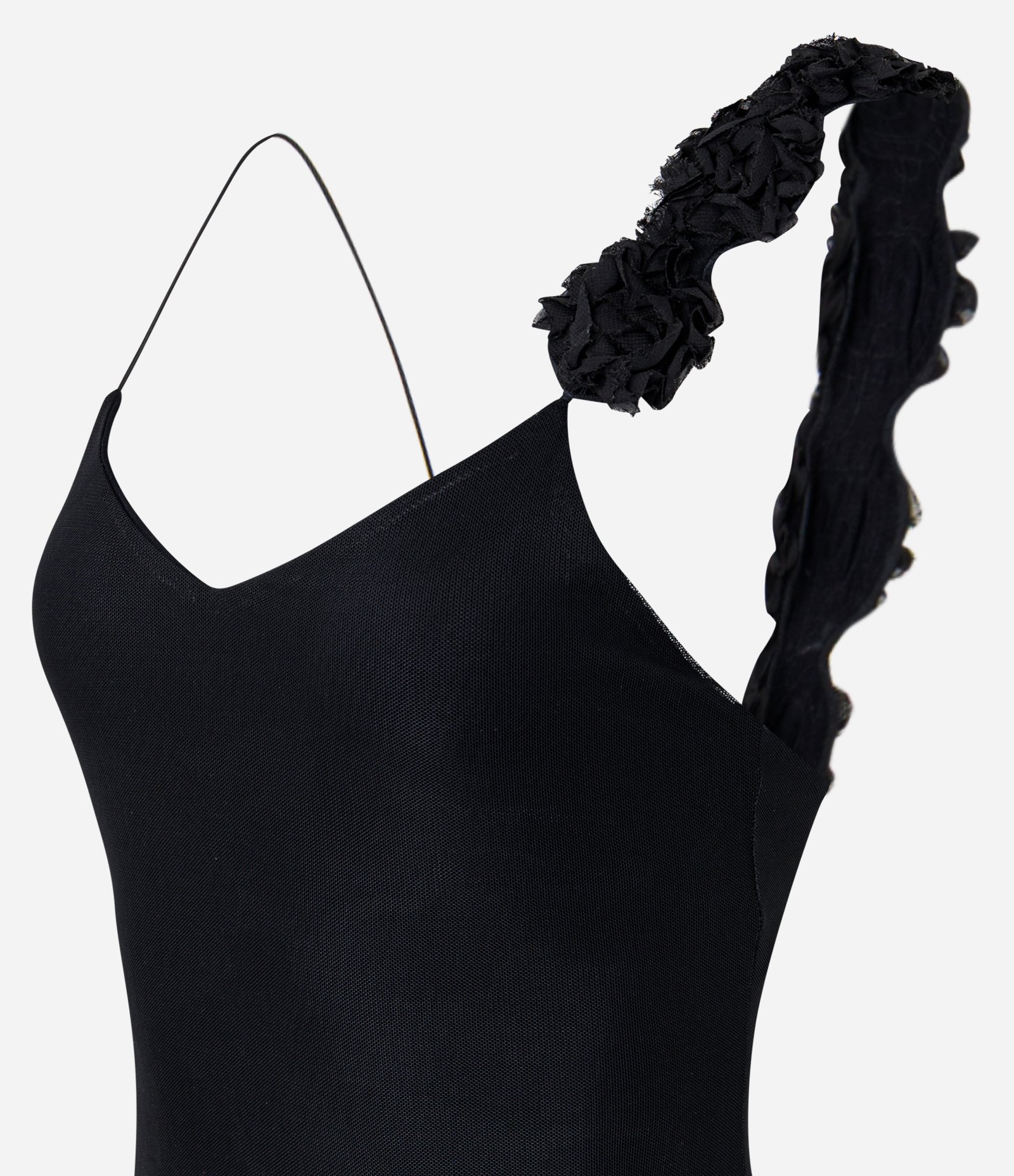 Vestido Reto Longo em Tule com Alça Floral Bordada Preto 6