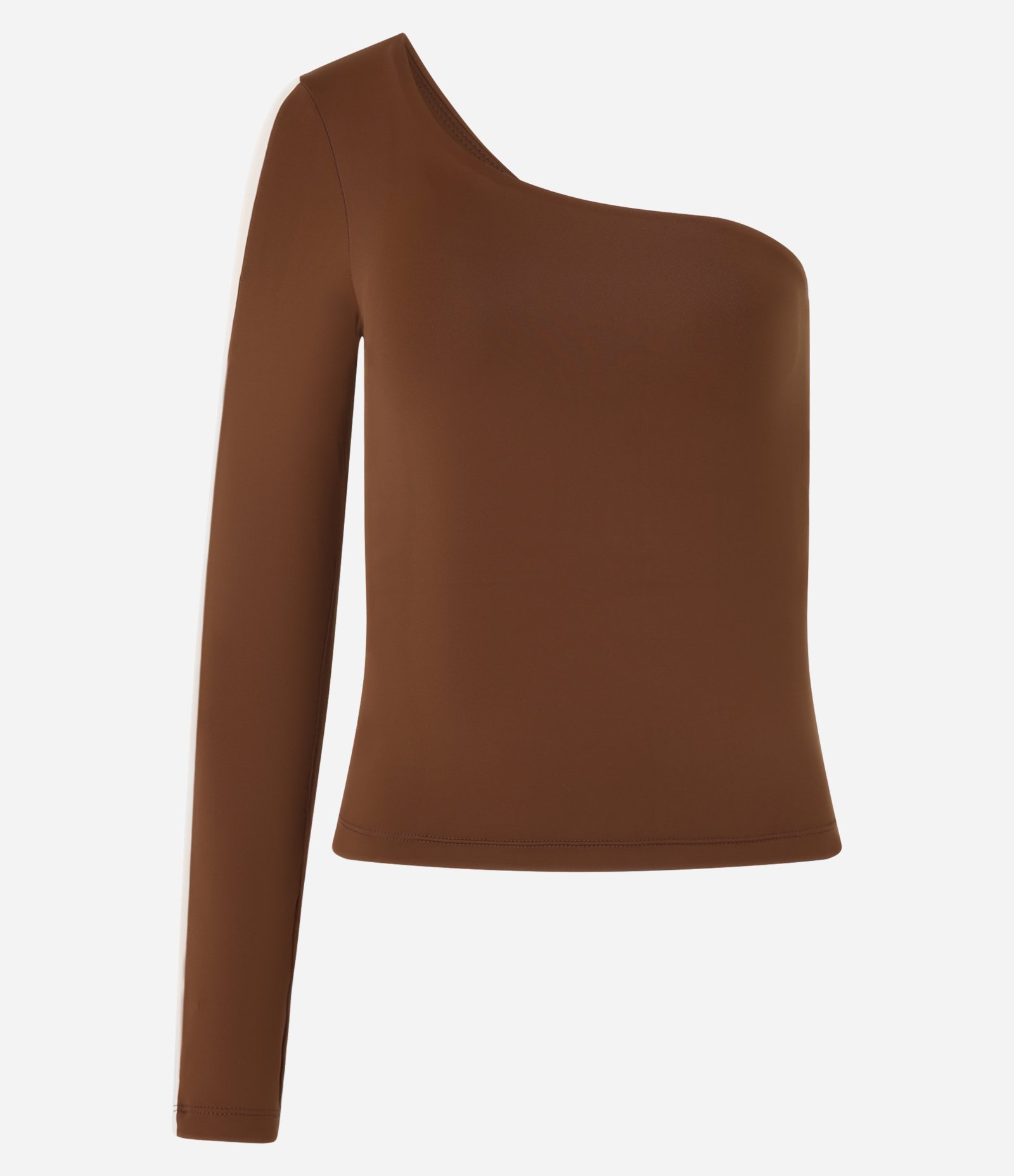 Blusa Ombro Único em Microfibra com Recorte Contrastante na Manga Marrom 6