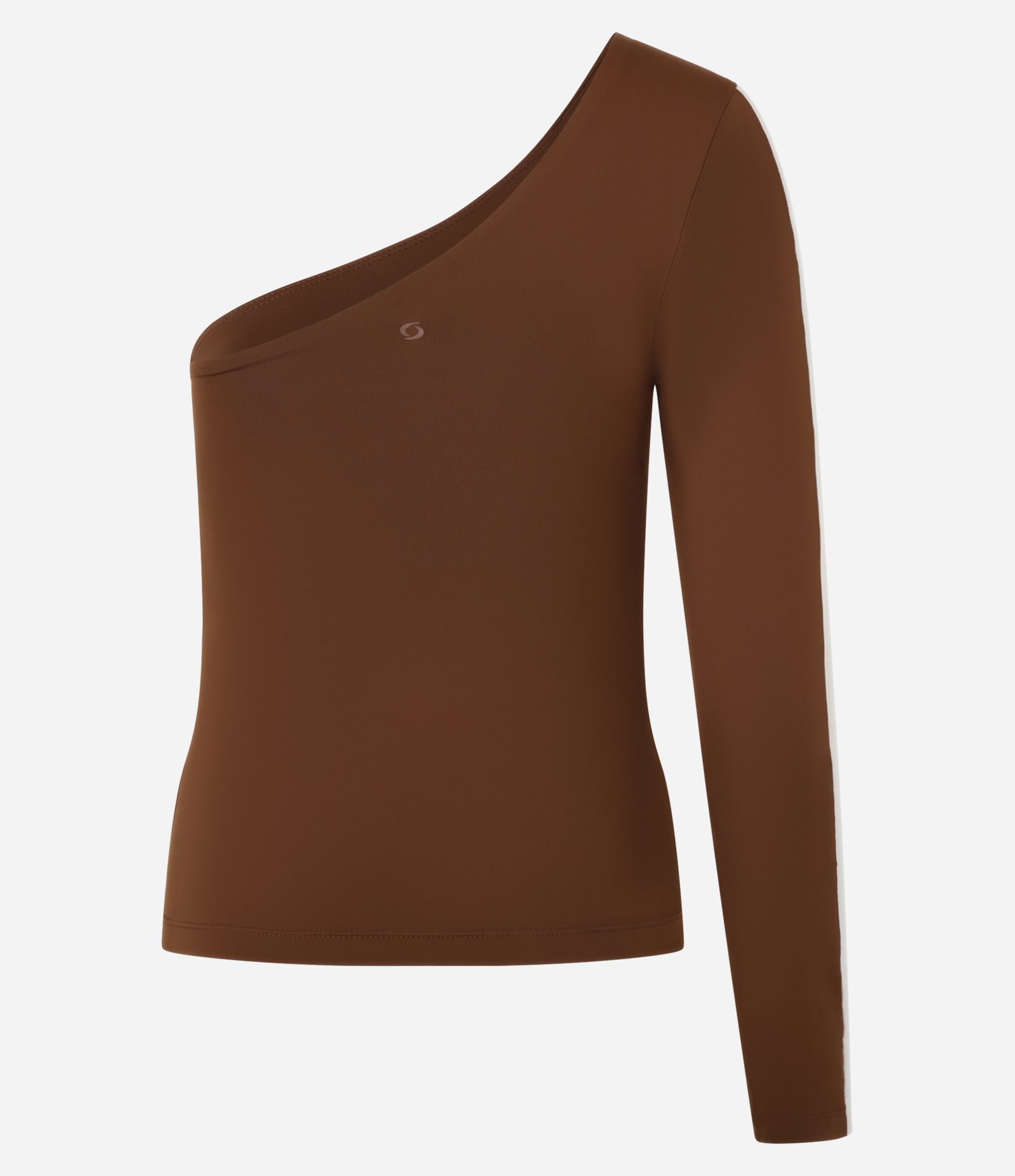 Blusa Ombro Único em Microfibra com Recorte Contrastante na Manga Marrom 8