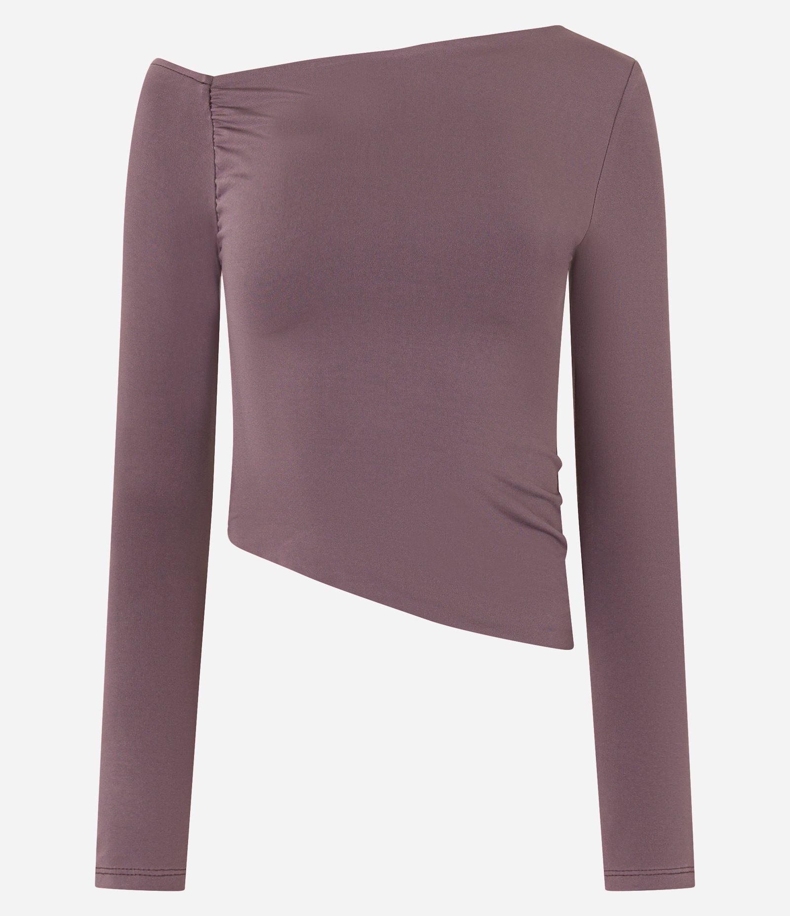 Blusa com Decote Assimétrico Detalhe Drapeado na Cava e Manga Longa Marrom 1