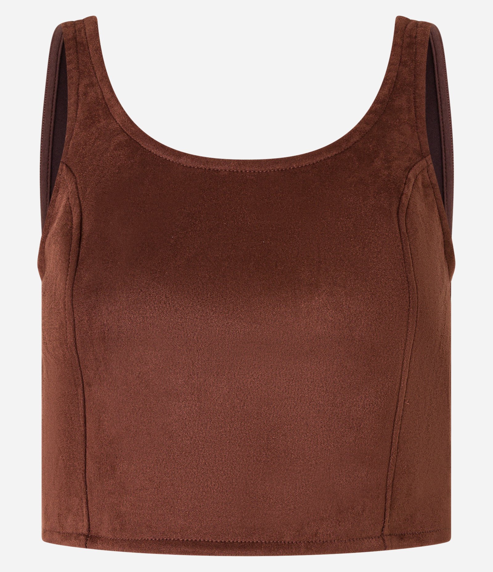 Blusa Cropped em Suede com Recortes e Lastex nas Costas Marrom 6