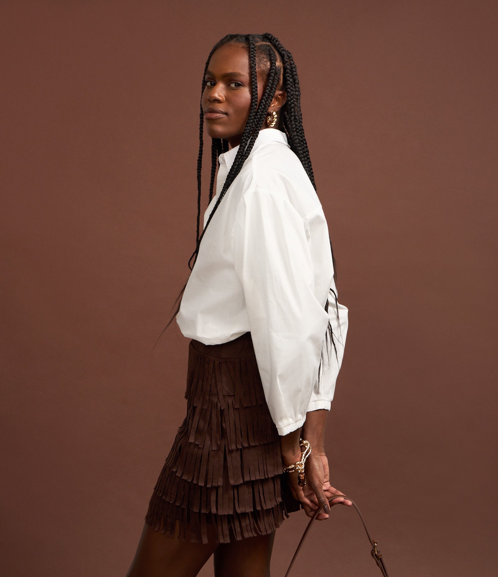 Saia Reta Estilo Folk em Suede com Camadas de Franjas Marrom 6