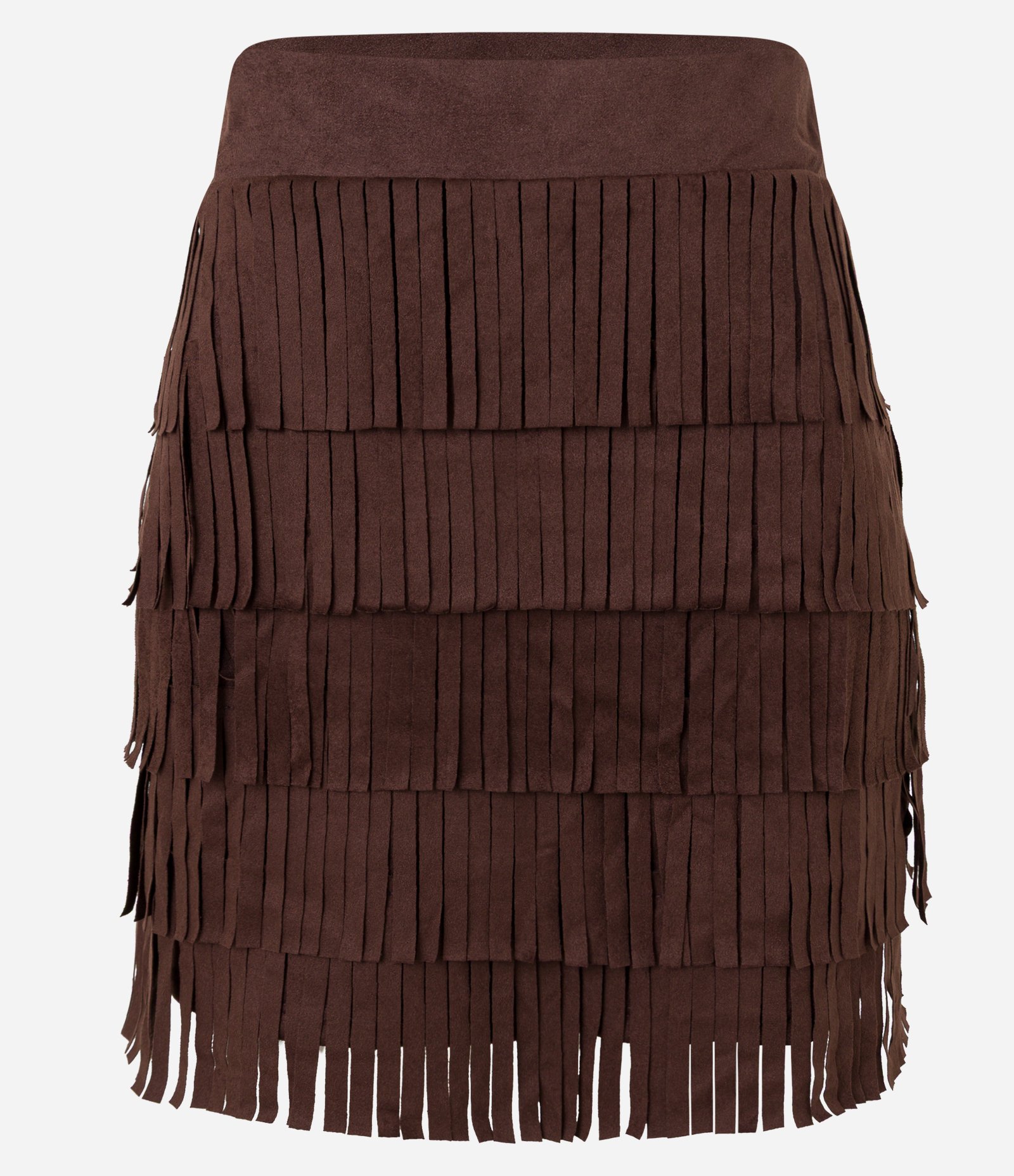 Saia Reta Estilo Folk em Suede com Camadas de Franjas Marrom 7