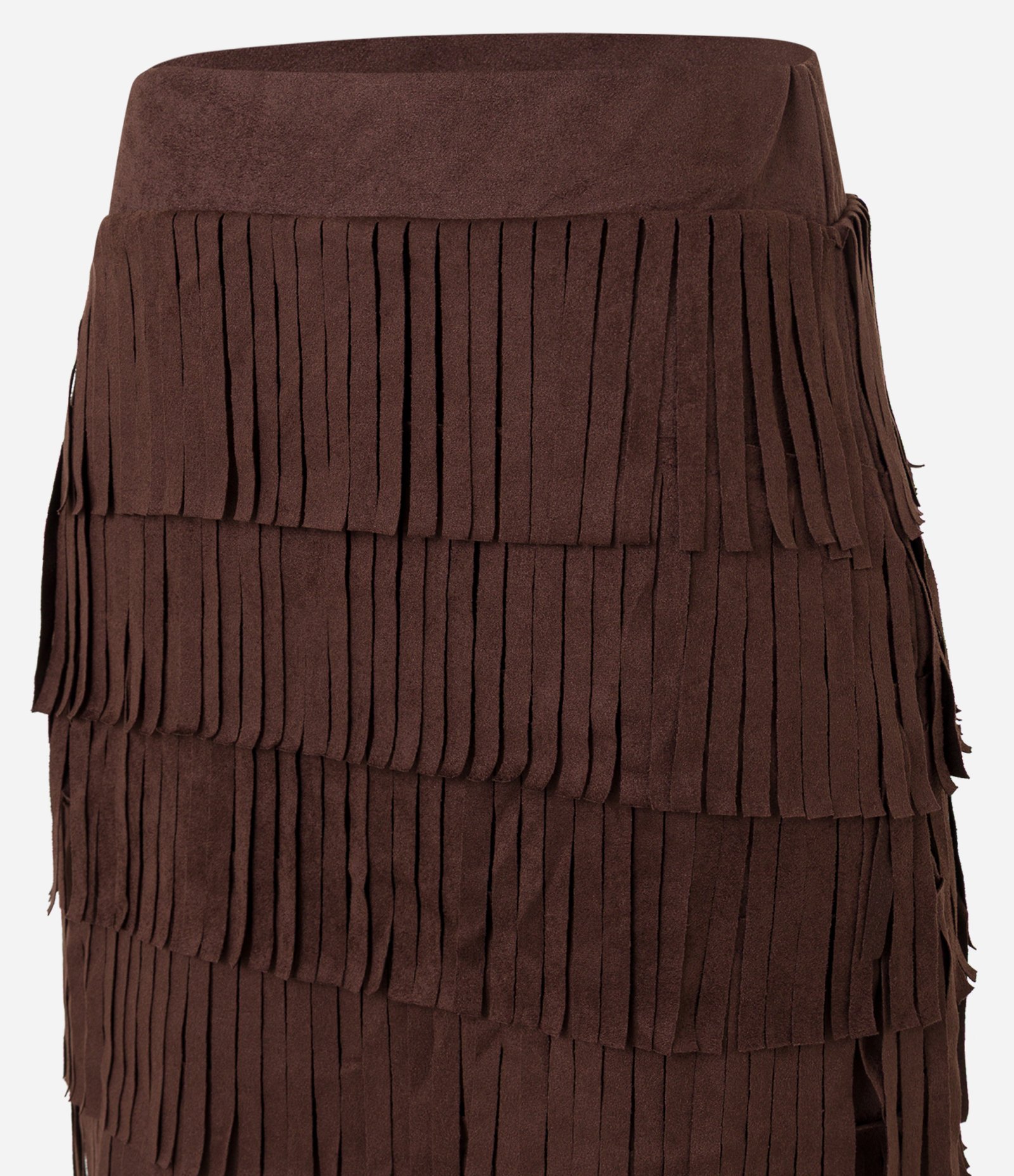 Saia Reta Estilo Folk em Suede com Camadas de Franjas Marrom 8
