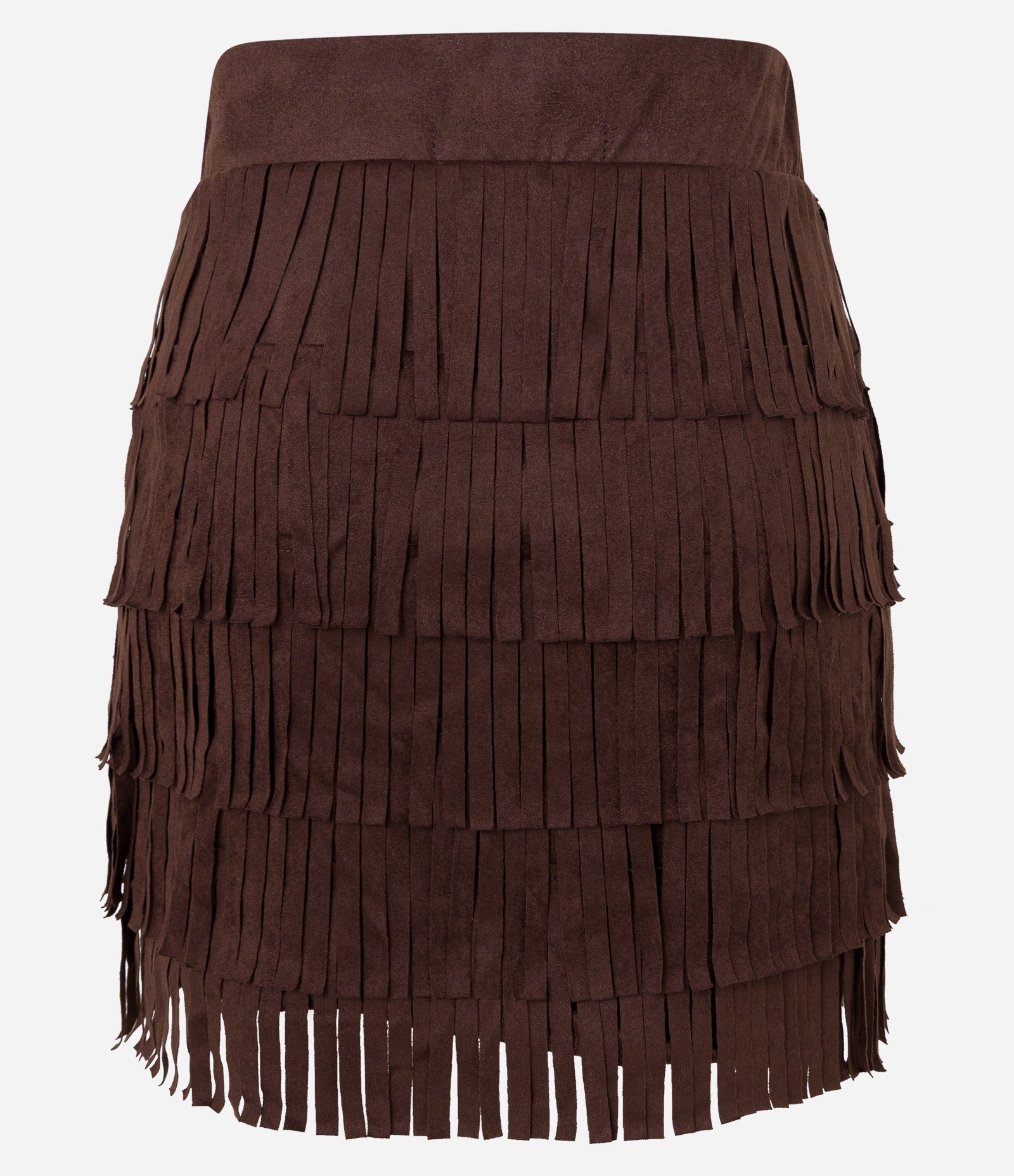Saia Reta Estilo Folk em Suede com Camadas de Franjas Marrom 9