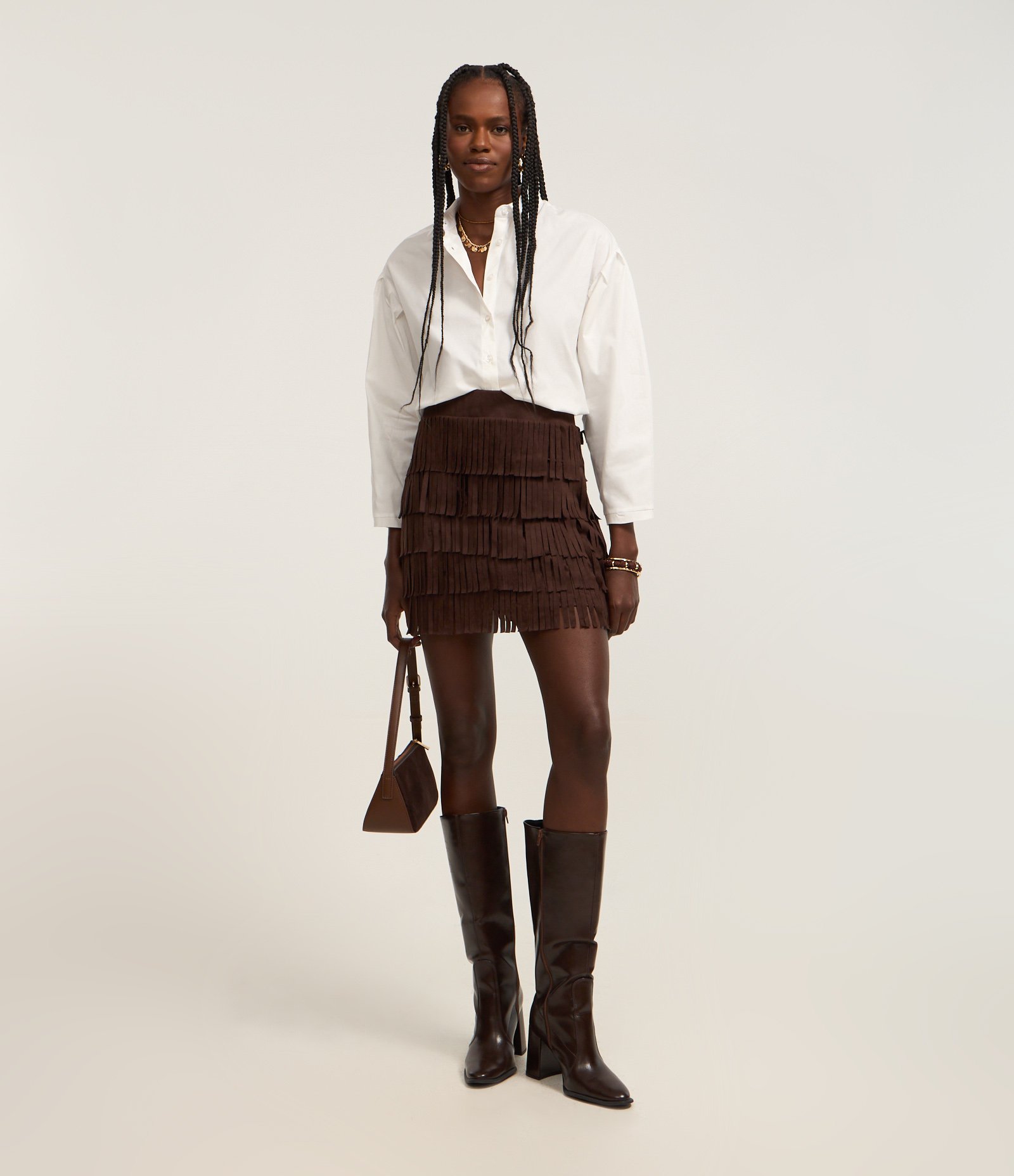 Saia Reta Estilo Folk em Suede com Camadas de Franjas Marrom 1