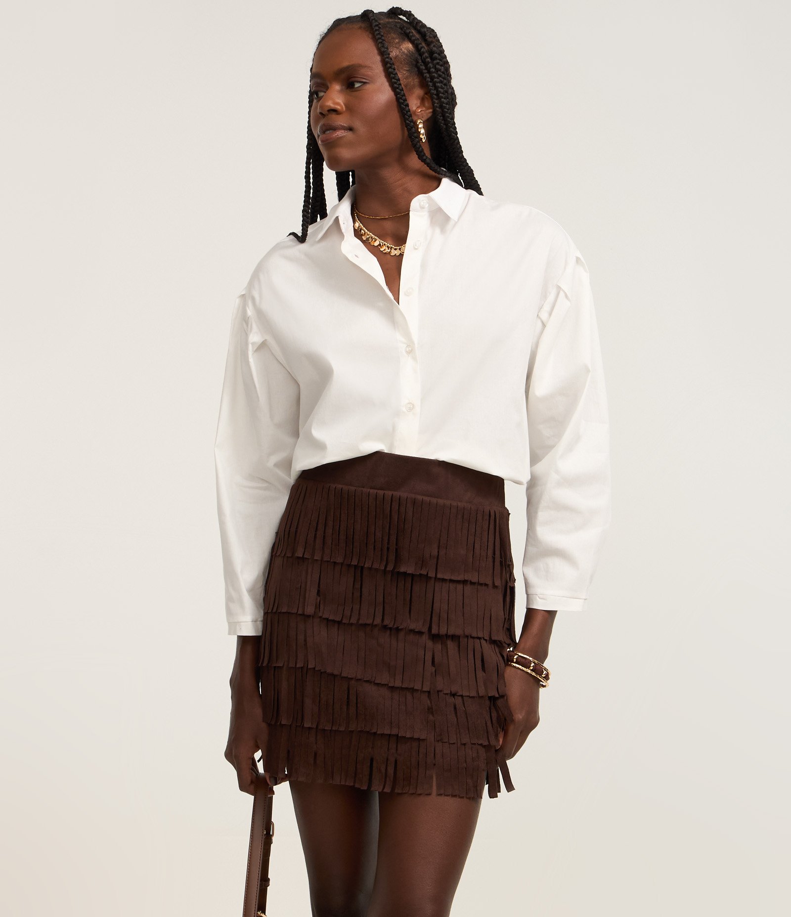 Saia Reta Estilo Folk em Suede com Camadas de Franjas Marrom 2