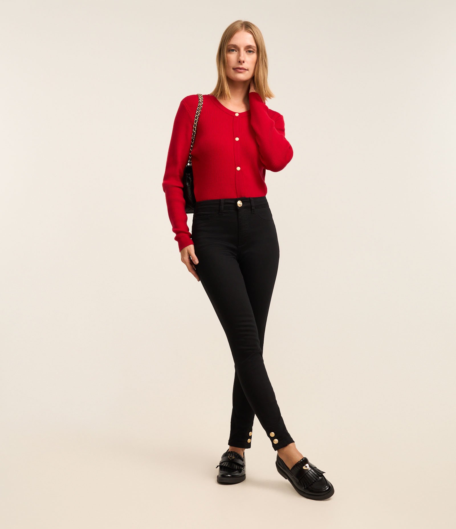 Calça Skinny em Sarja com Elastano e Cintura Alta Preto 1