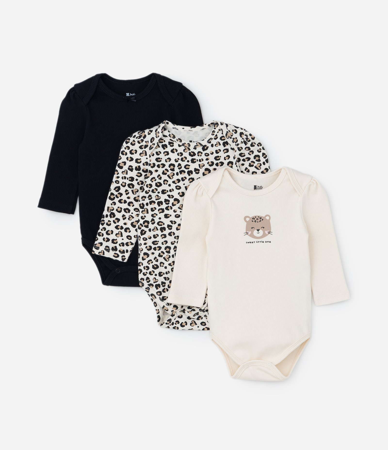 Kit 03 Bodies Infantis com Estampa Oncinha - Tam RN a 18 meses Preto/Bege 1