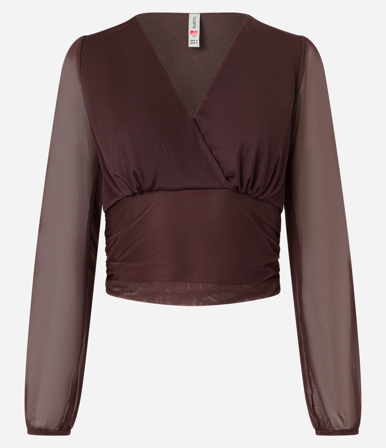 Blusa Curta em Tule com Decote V Transpassado e Franzidos Marrom 4