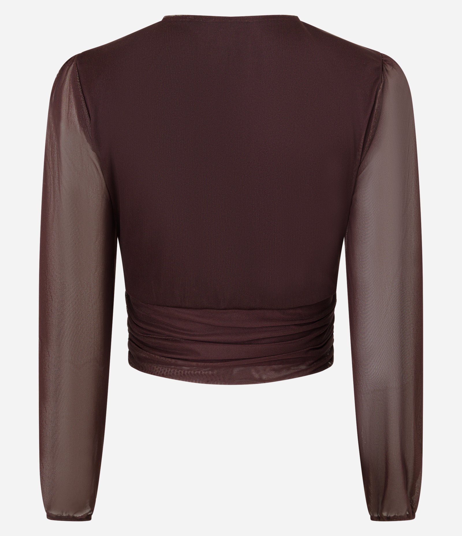 Blusa Curta em Tule com Decote V Transpassado e Franzidos Marrom 5