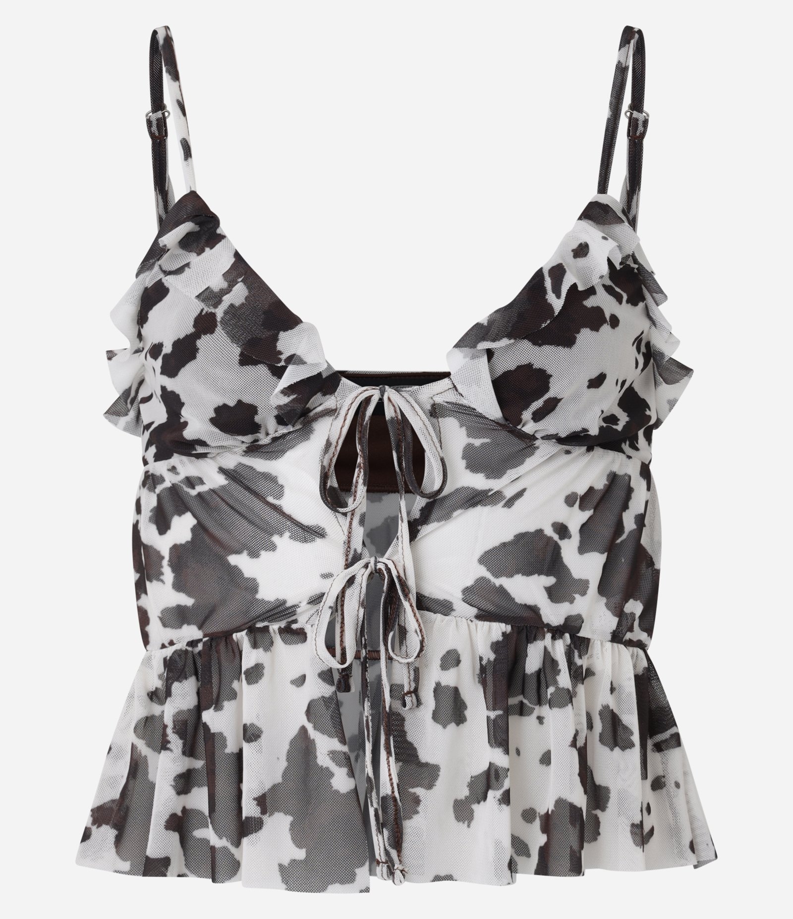 Blusa em Tule Animal Print com Babadinhos e Amarração Branco/Preto 4