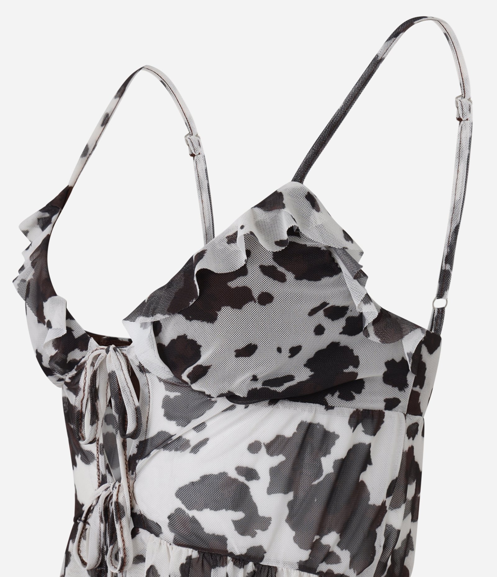 Blusa em Tule Animal Print com Babadinhos e Amarração Branco/Preto 5