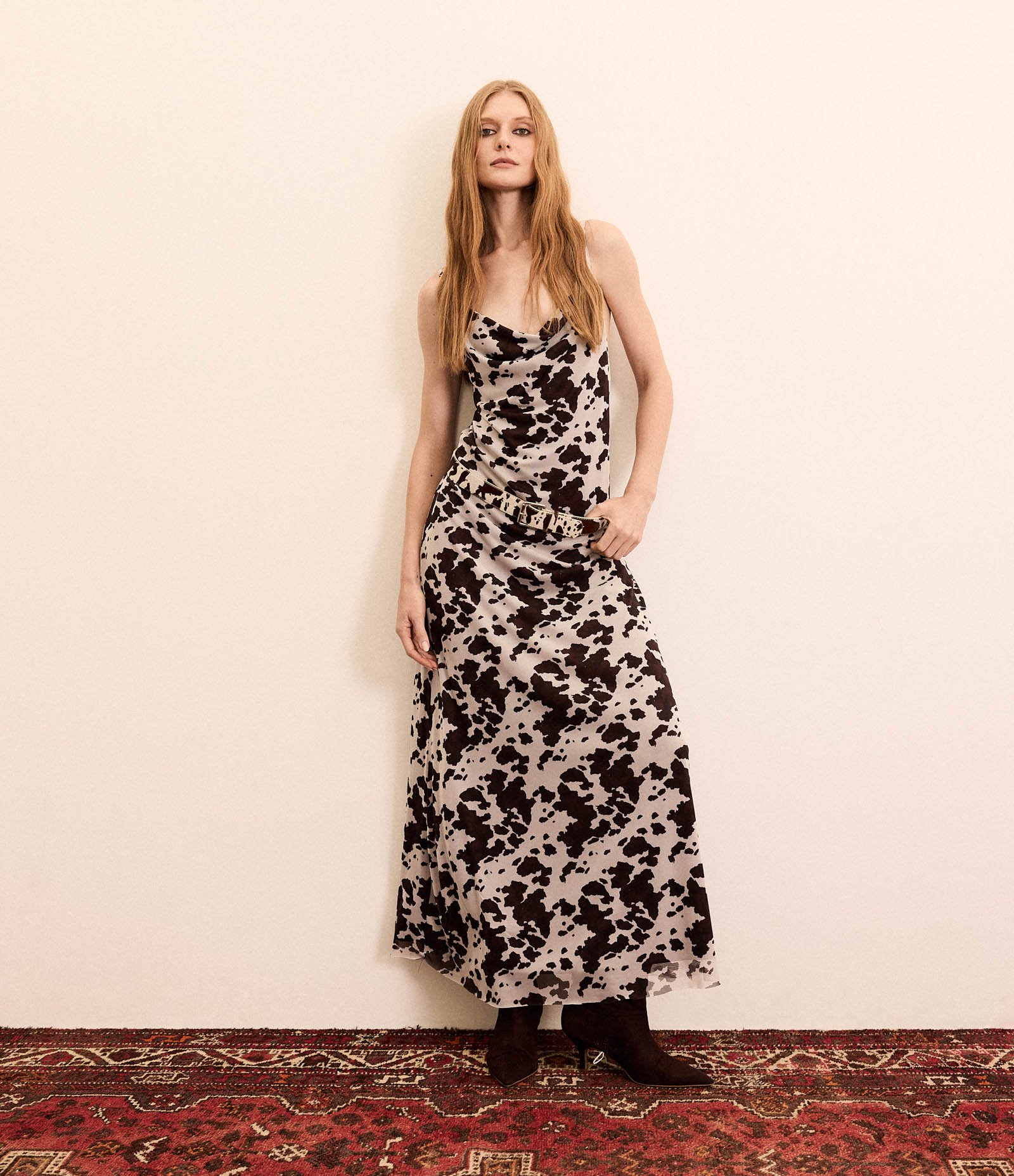 Vestido New Midi em Tule com Estampa Animal Print Branco/Preto 2