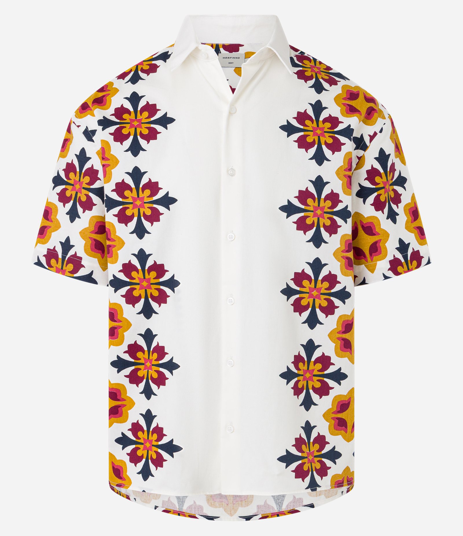 Camisa Boxy em Sarja com Estampa de Azulejo Português Off White/Laranja/Verde 6