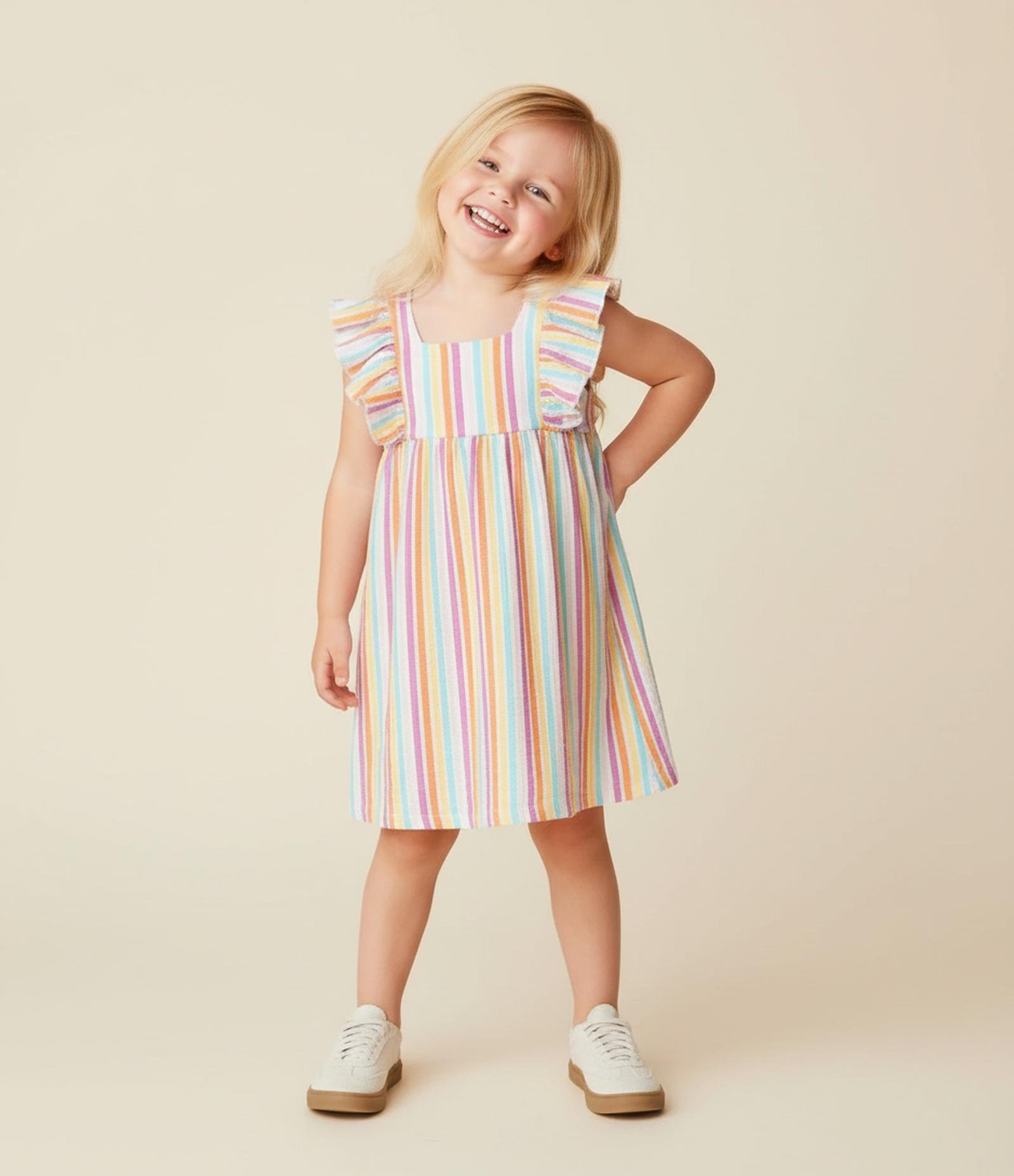 Vestido Infantil com Babados e Listras - Tam 1 a 6 Anos Multicores 1