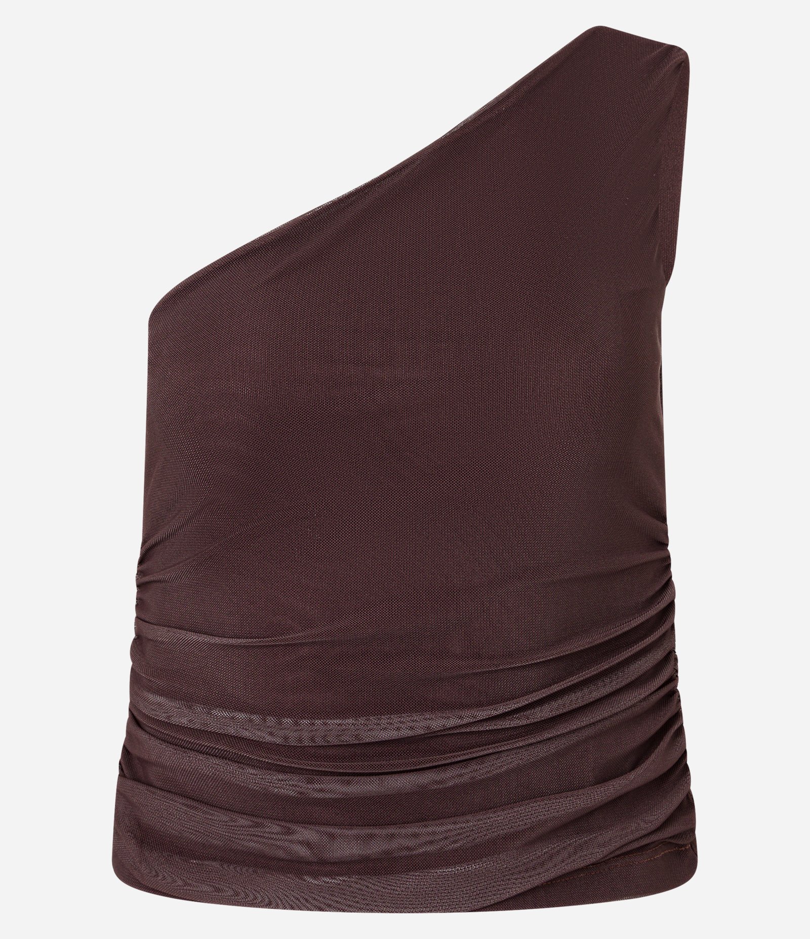 Blusa em Tule com Um Ombro Só e Franzidinho Marrom 5