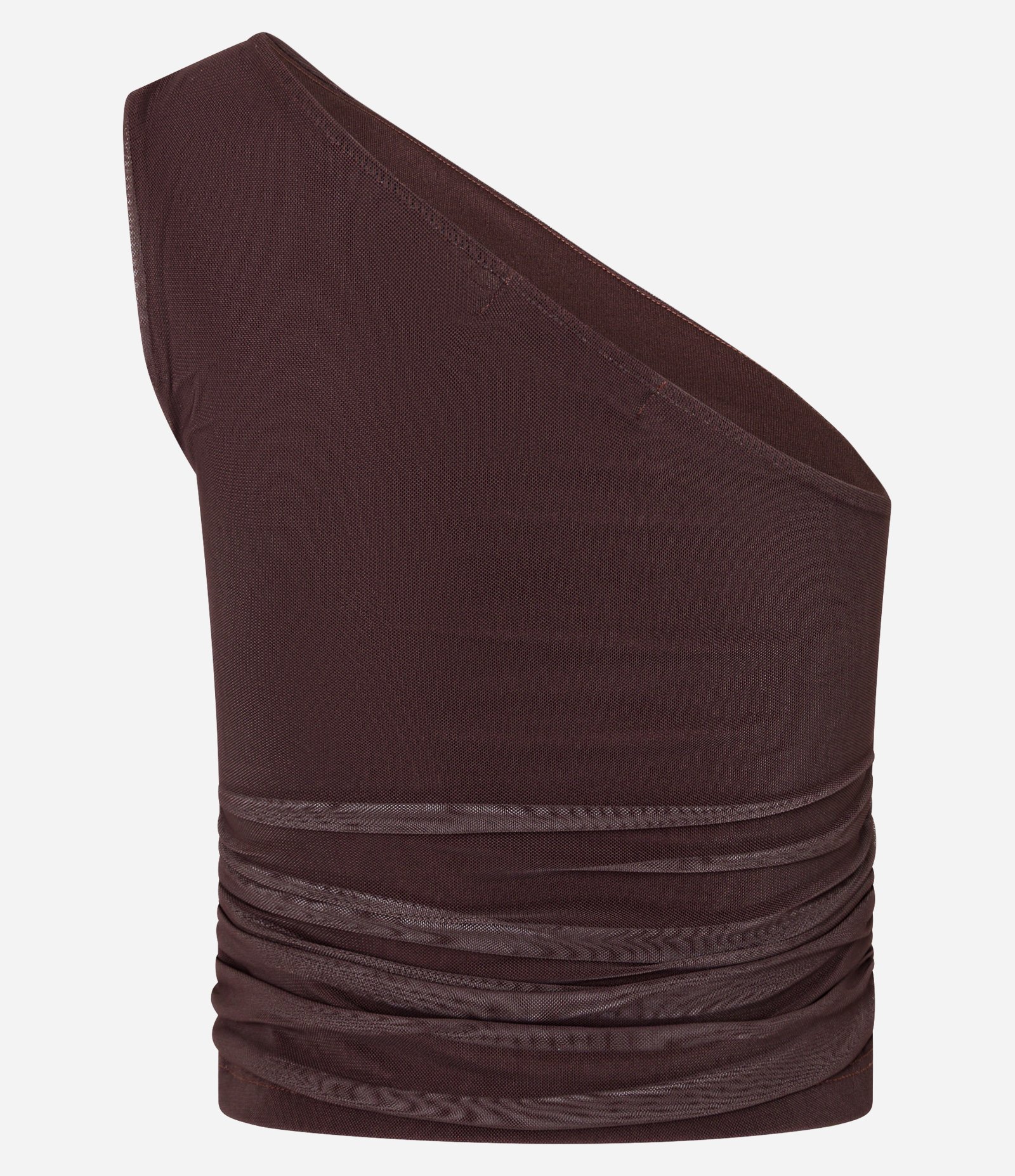 Blusa em Tule com Um Ombro Só e Franzidinho Marrom 6