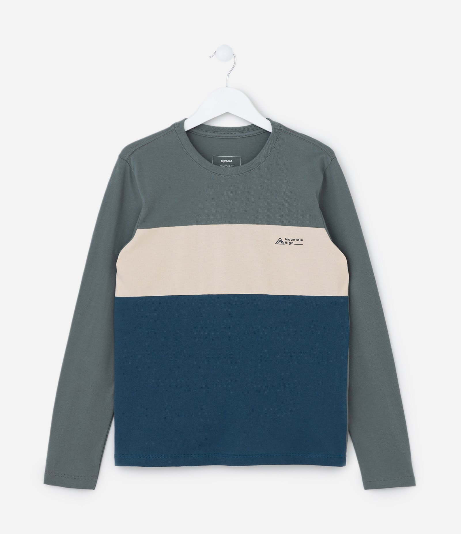 Camiseta Infantil em Malha Piquet com Blocos de Cores - Tam 5 a 10 anos Cinza/Azul 1