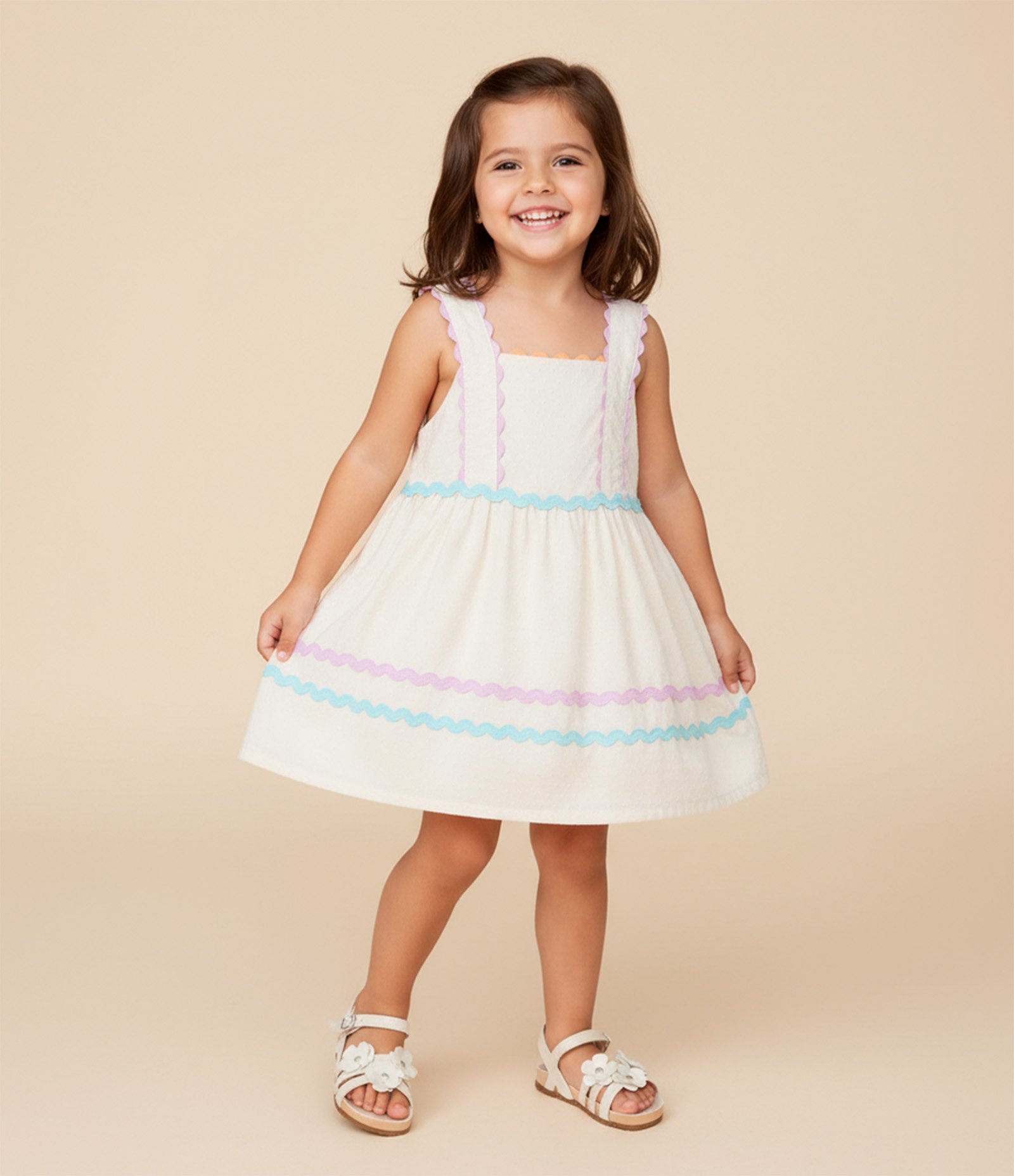 Vestido Infantil com Aviamentos Coloridos - Tam 1 a 6 Anos Bege 1