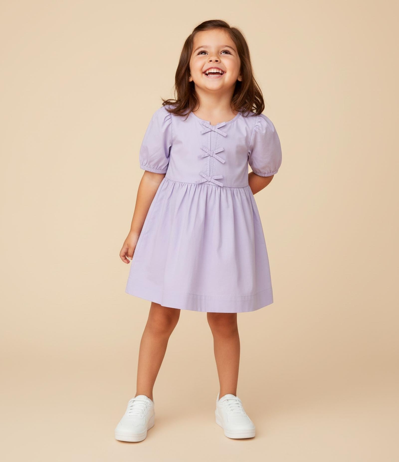 Vestido Infantil em Tricoline com Mangas Bufantes e Lacinhos - Tam 1 a 6 Anos Roxo 1