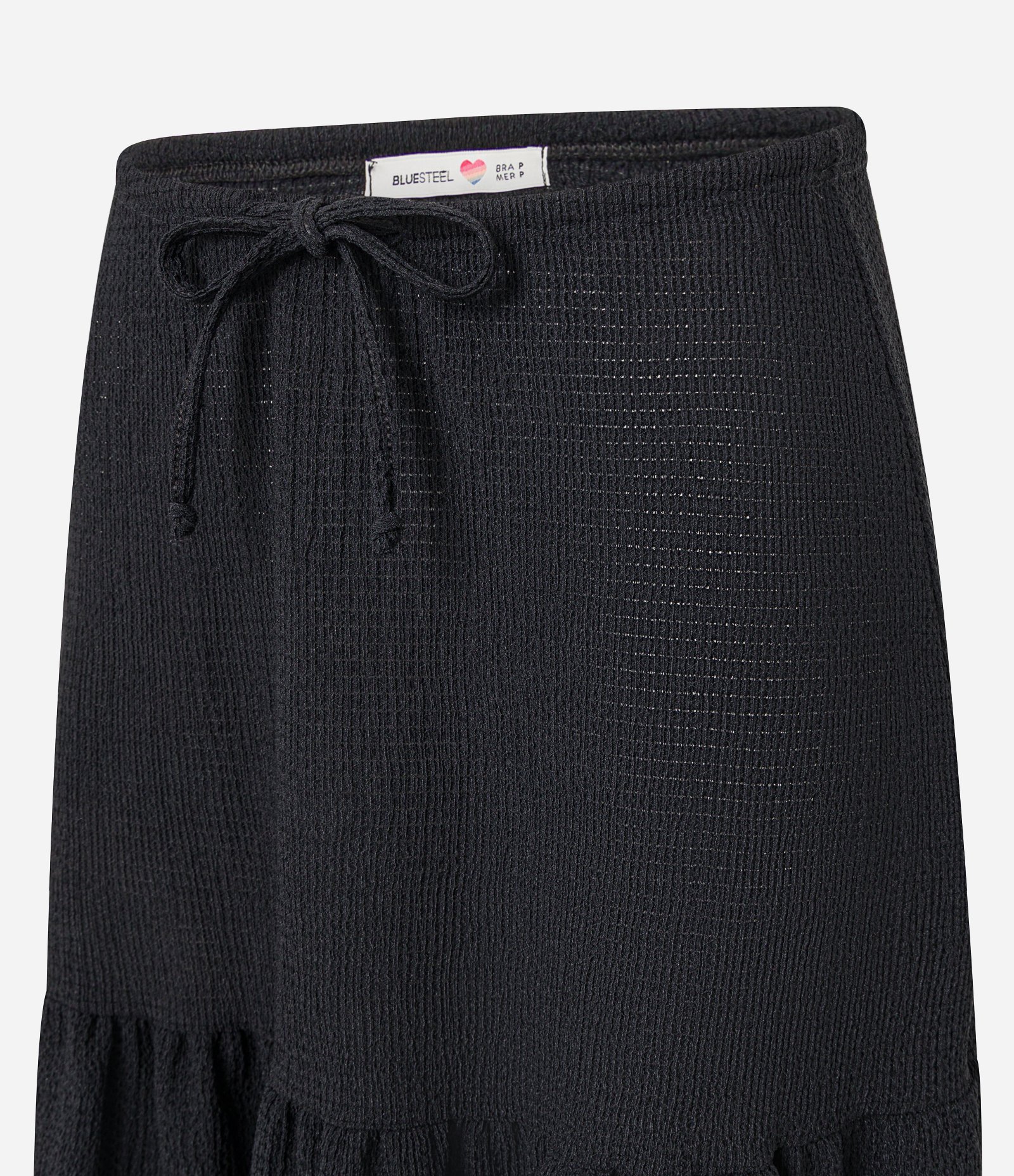 Saia Evasê Longa Texturizada com Amarração e Babado Preto 6